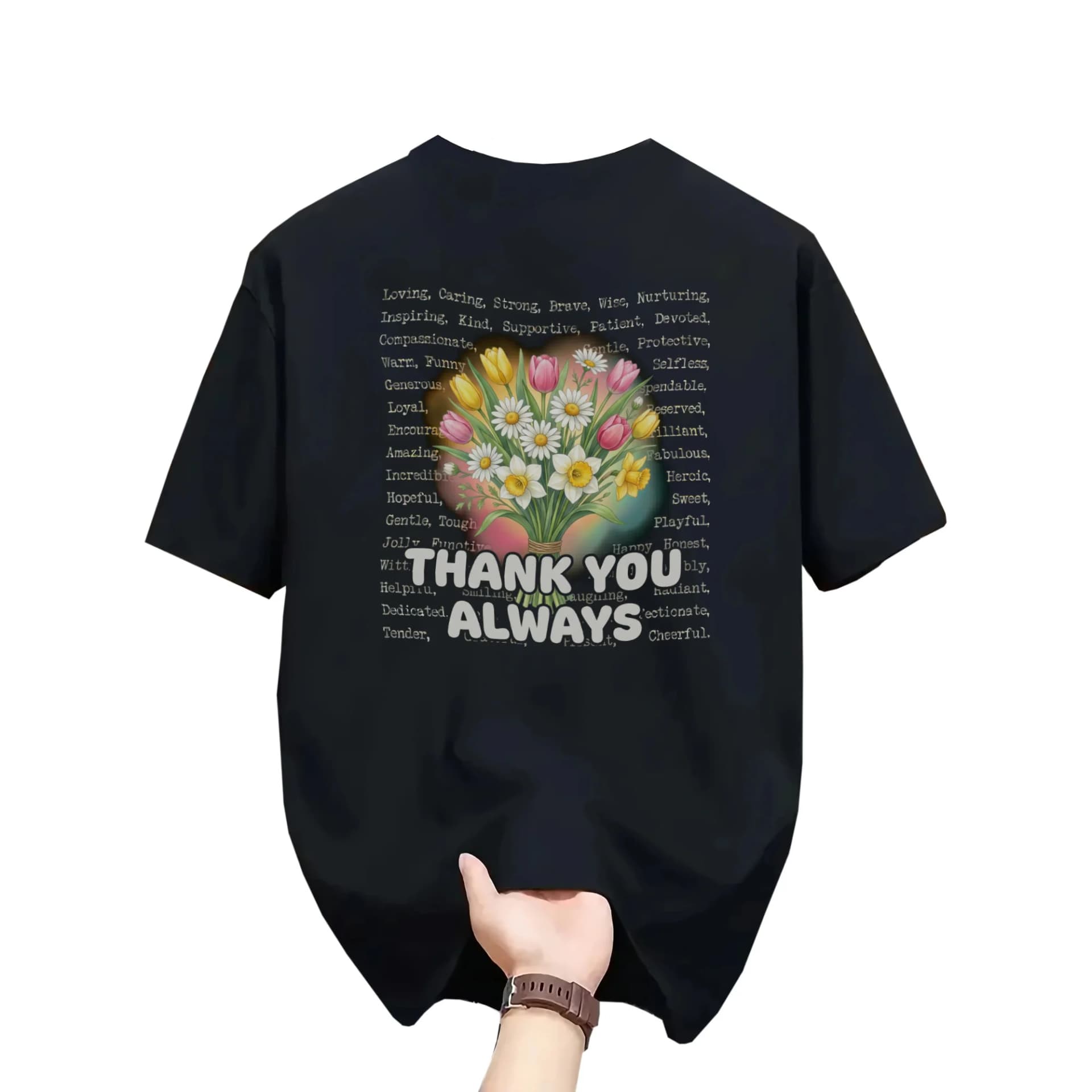 Graphic Tee Thank You Always Floral Print Unisex Short Sleeve Crew Neck Cotton Casual Everyday Apparel T-Shirt