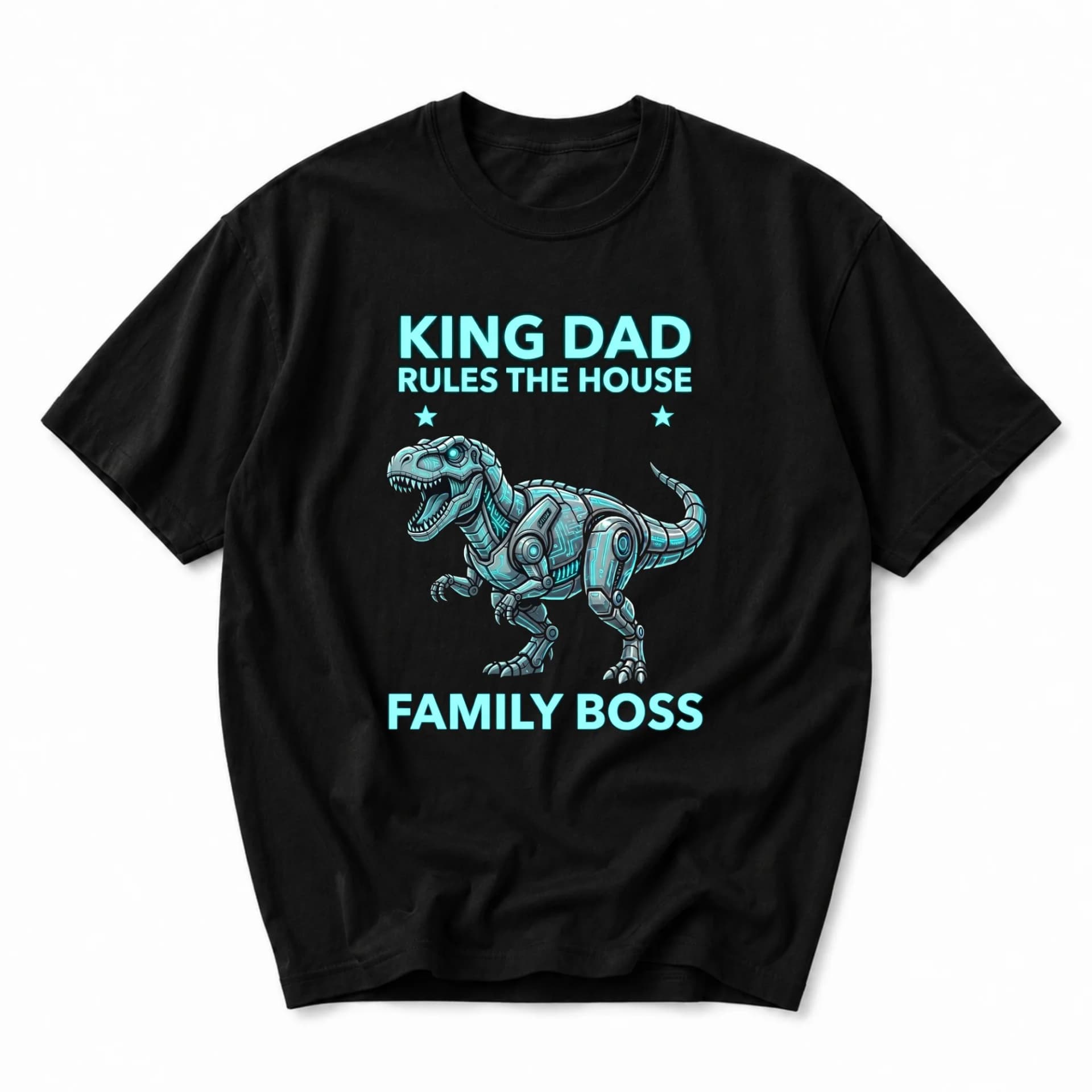 Funny Shirt King Dad Rules the Graphic Tee Featuring Robotic Dinosaur Illustration Unisex Casual Cotton Top