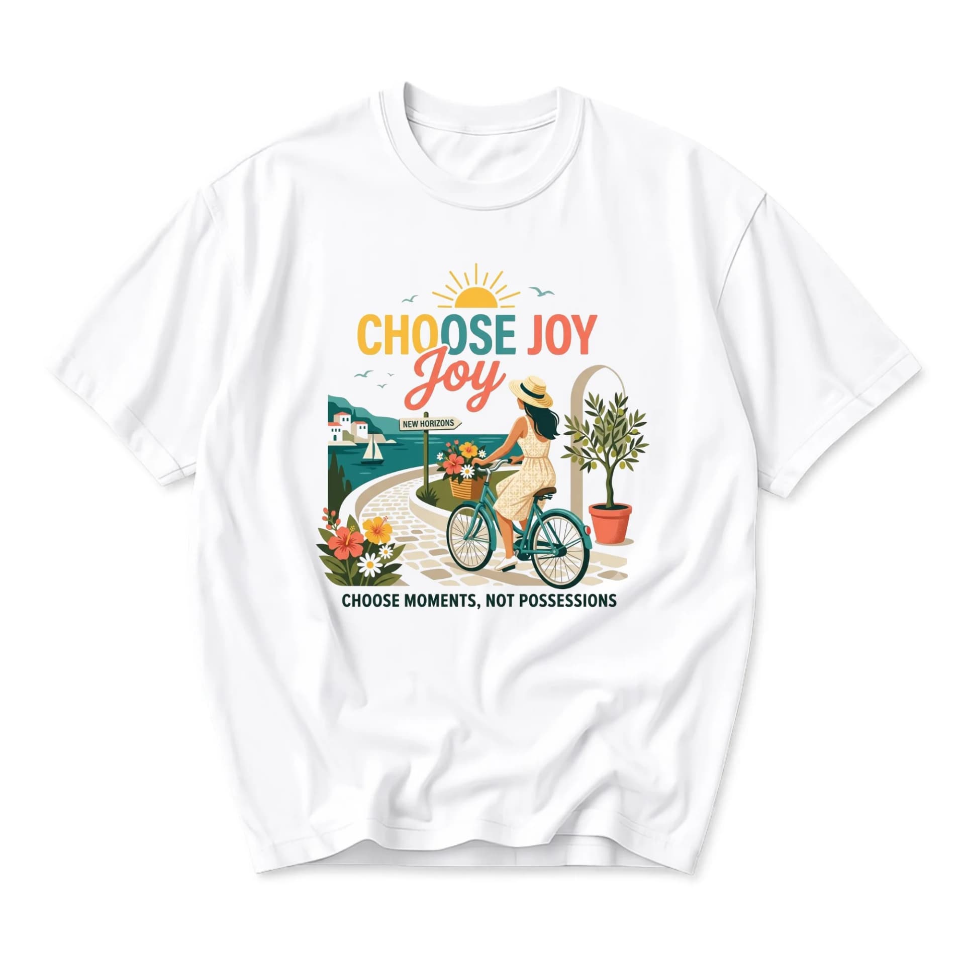 Graphic Tee Choose Joy Inspirational Coastal Bicycle Scene Unisex Crew Neck Casual Everyday Short Sleeve Shirt