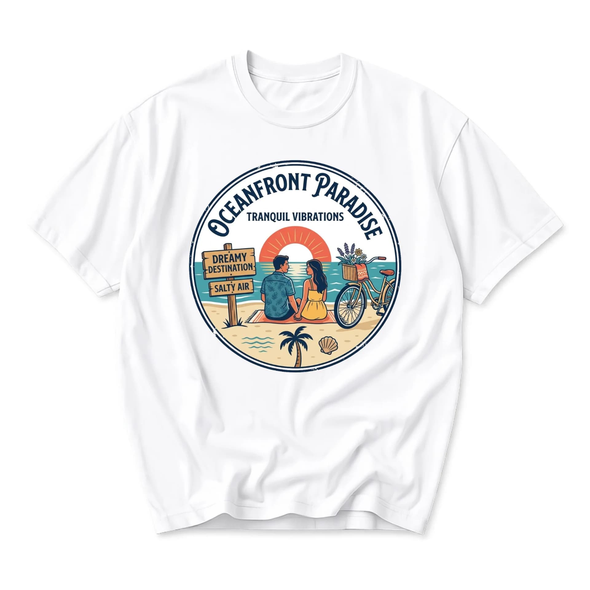Graphic Tee Oceanfront Paradise Beach Scene Unisex Casual Crew Neck T-Shirt for Everyday Wear and Vacation Outfits