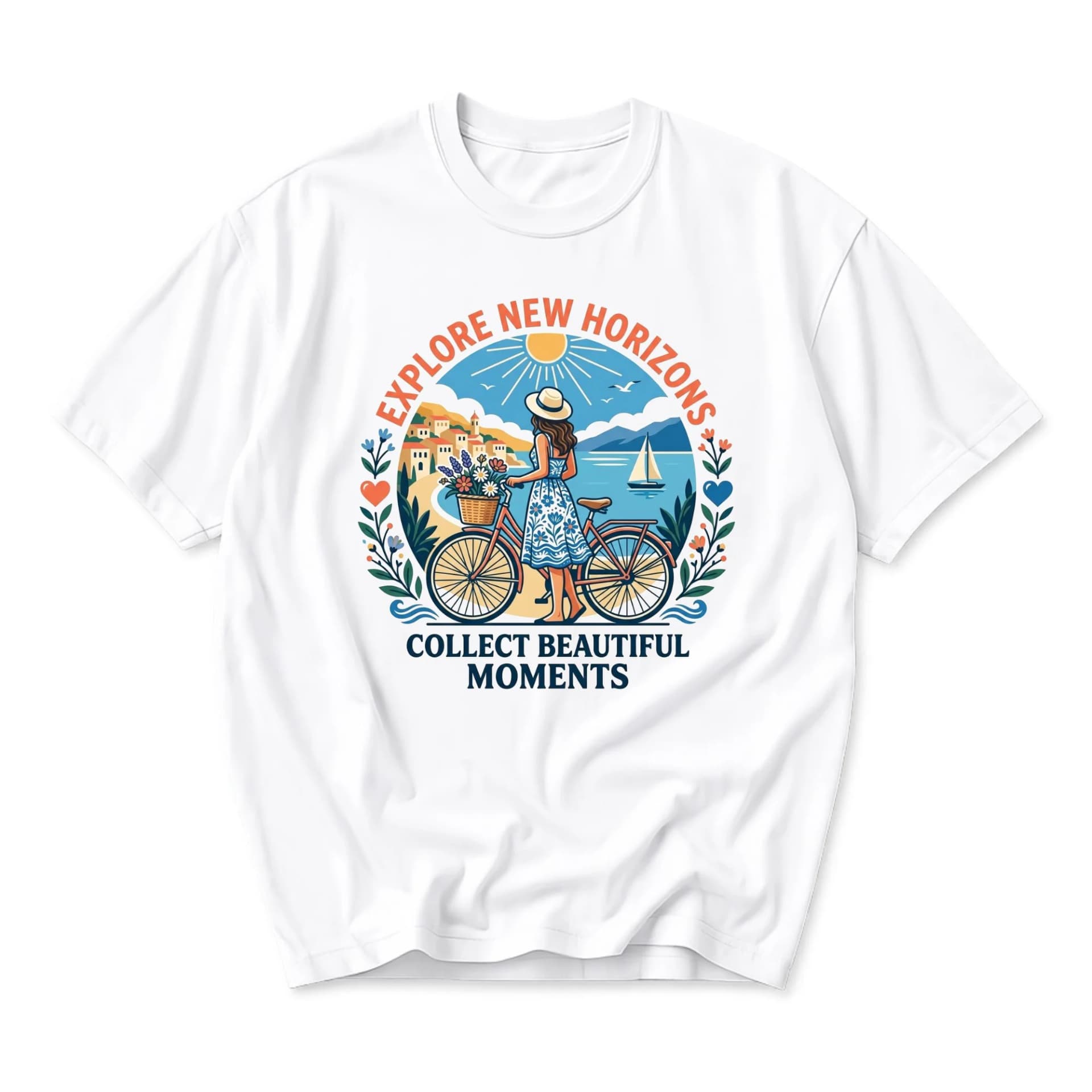 Graphic Tee Explore New Horizons Collect Beautiful Moments Travel Inspired Artistic Print Unisex Crew Neck Shirt