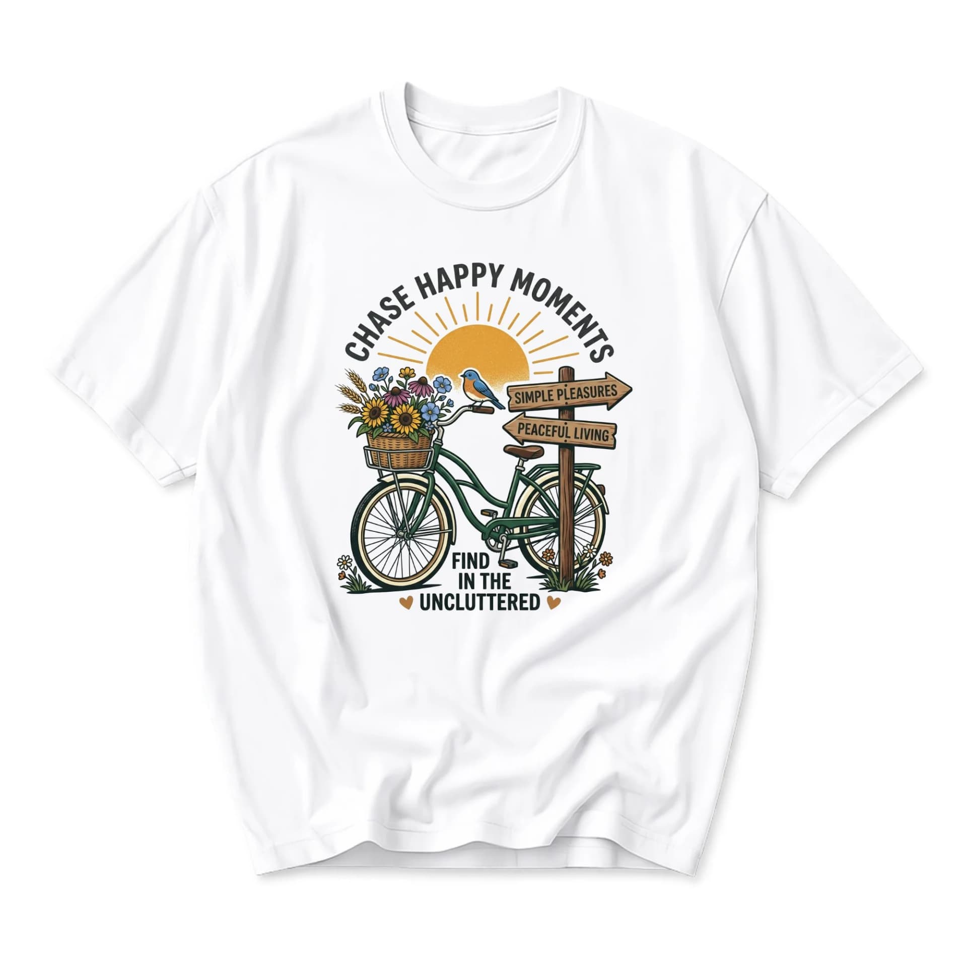 Graphic Tee Chase Happy Moments Bicycle Nature Design Unisex Casual Cotton Crew Neck Short Sleeve Shirt White