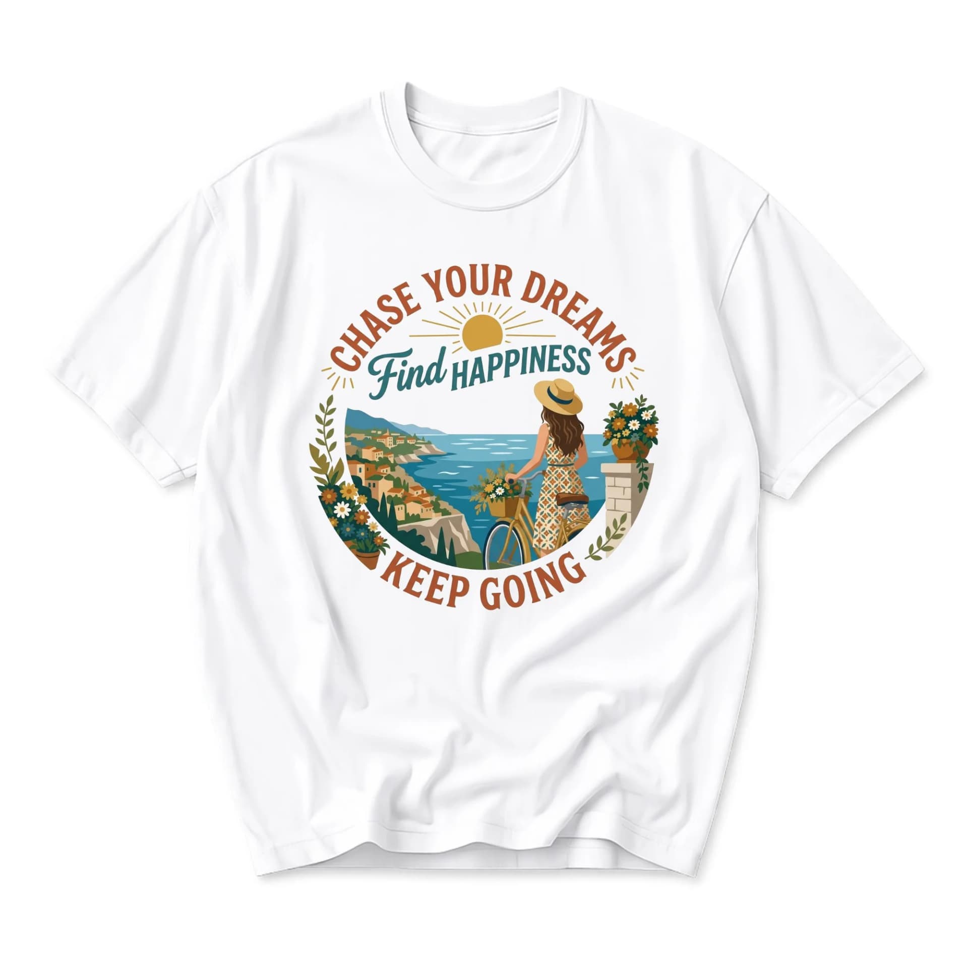T-shirt Graphic Tee Chase Your Dreams Find Happiness Keep Going Inspirational Coastal Bicycle Scene Unisex Crew Neck