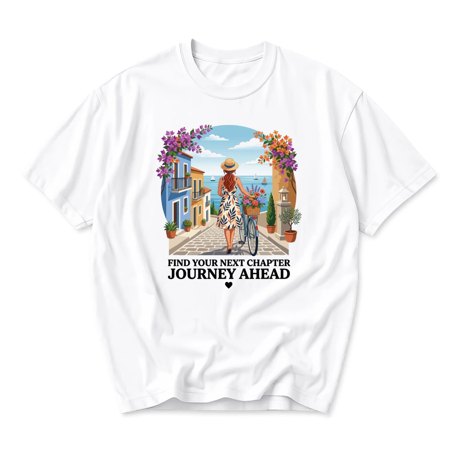 Graphic Tee Find Your Next Chapter Journey Ahead Unisex Casual Short Sleeve Shirt with Coastal Village Scenery Print