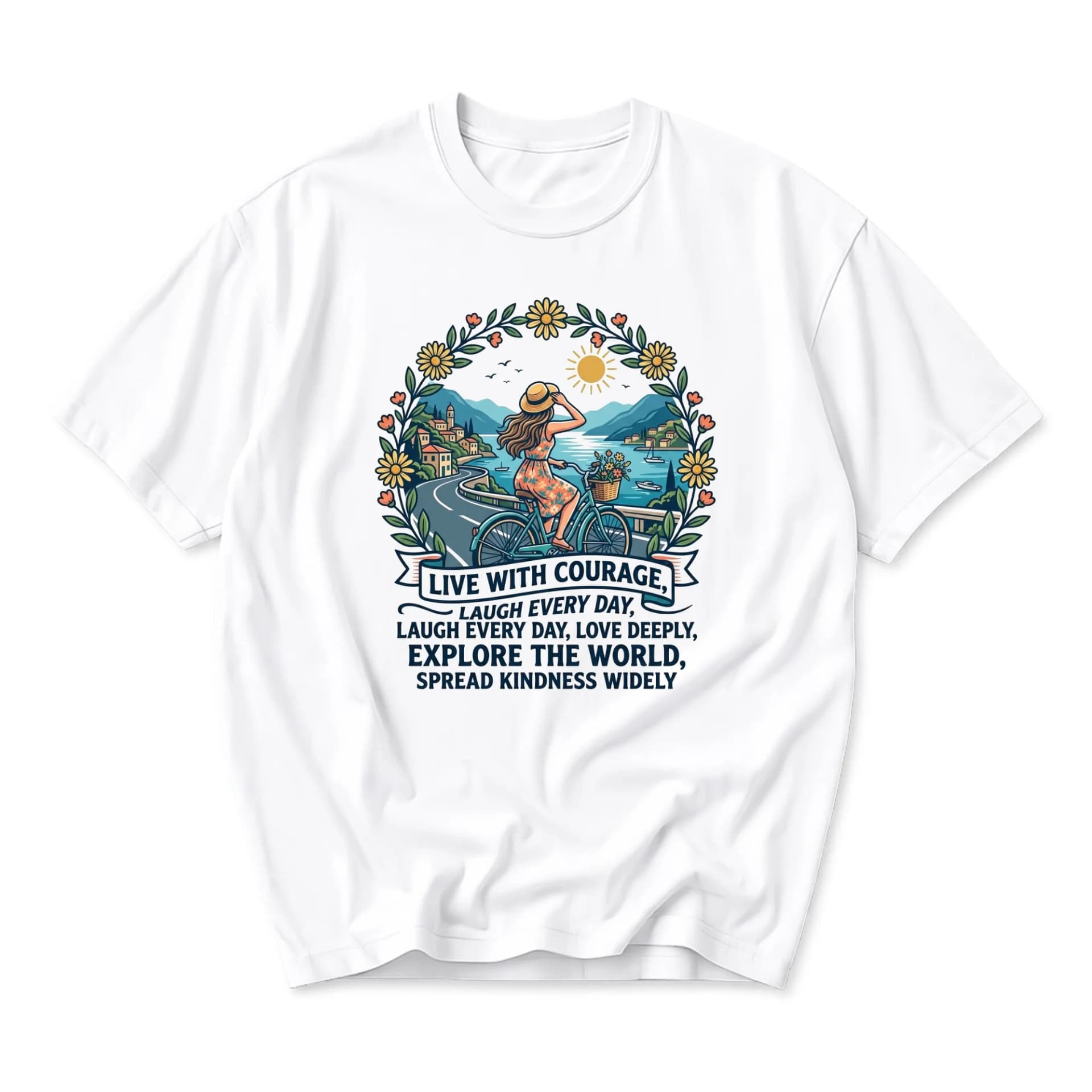 Graphic Tee Live with Courage Floral Bicycle Illustration Unisex Crew Neck Short Sleeve Casual Cotton Blend Shirt