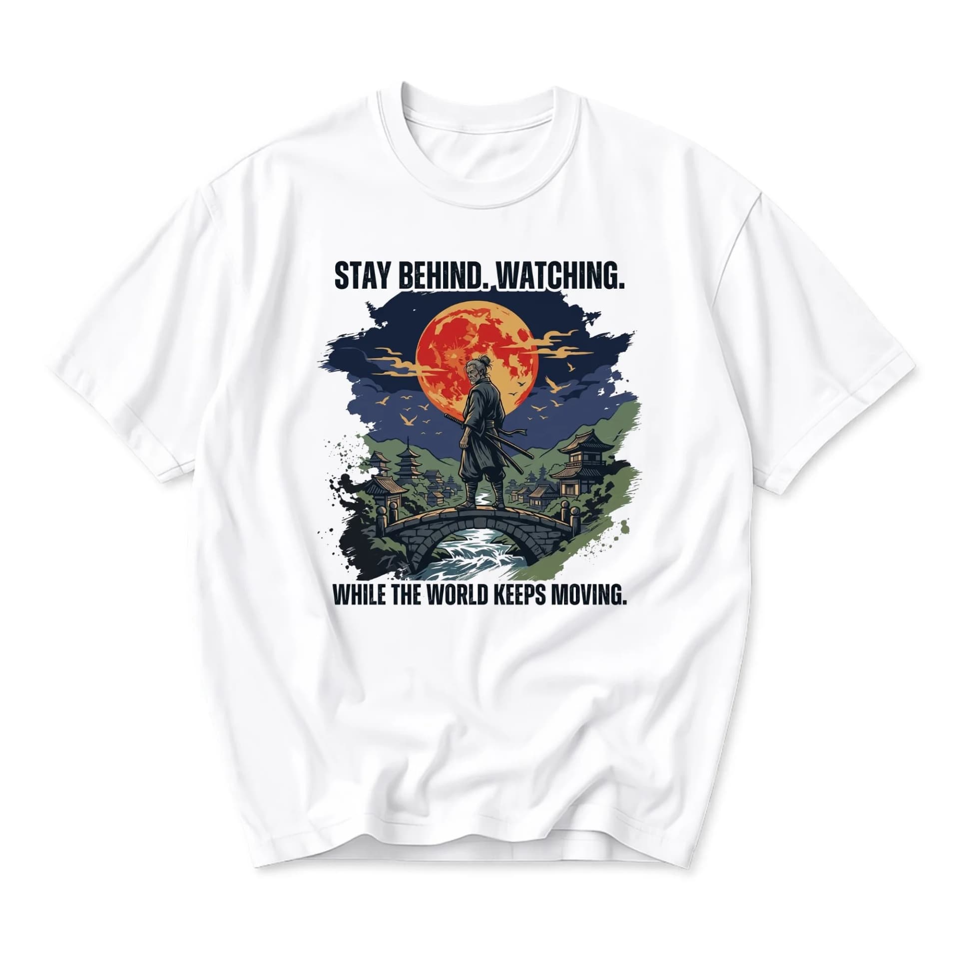 Graphic Tee Samurai Warrior Illustration T-Shirt Featuring Traditional Japanese Scenery and Artistic Red Moon Design