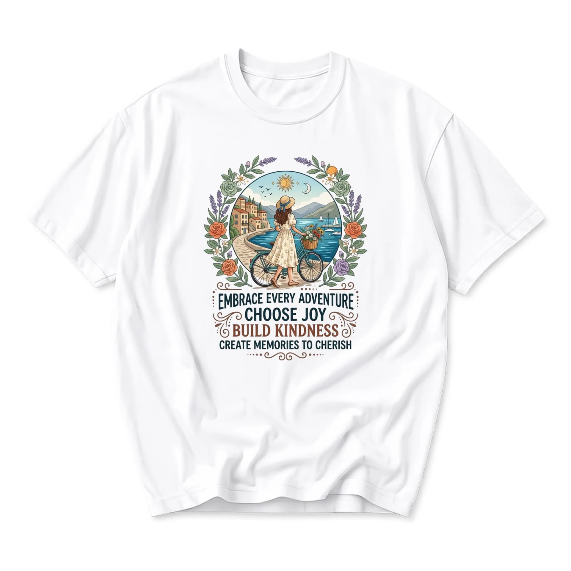 Graphic Tee Embrace Every Adventure Choose Joy Build Kindness Floral Bicycle Design Unisex Crew Neck Everyday Casual Top