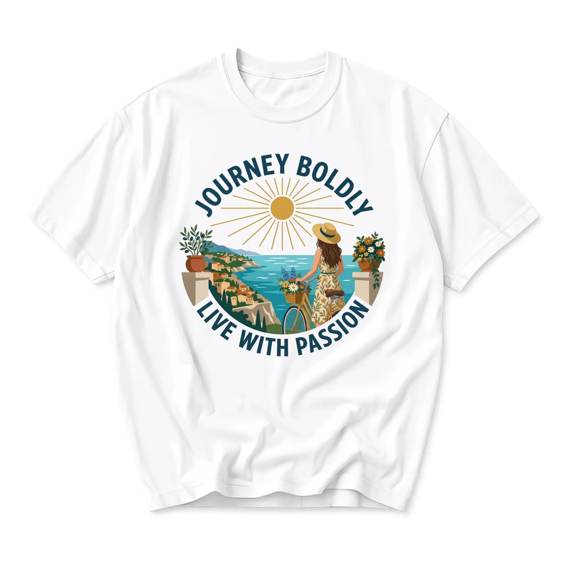 Graphic Tee Journey Boldly Live with Passion Artistic Coastal Scenic Print Short Sleeve Unisex Crew Neck Shirt
