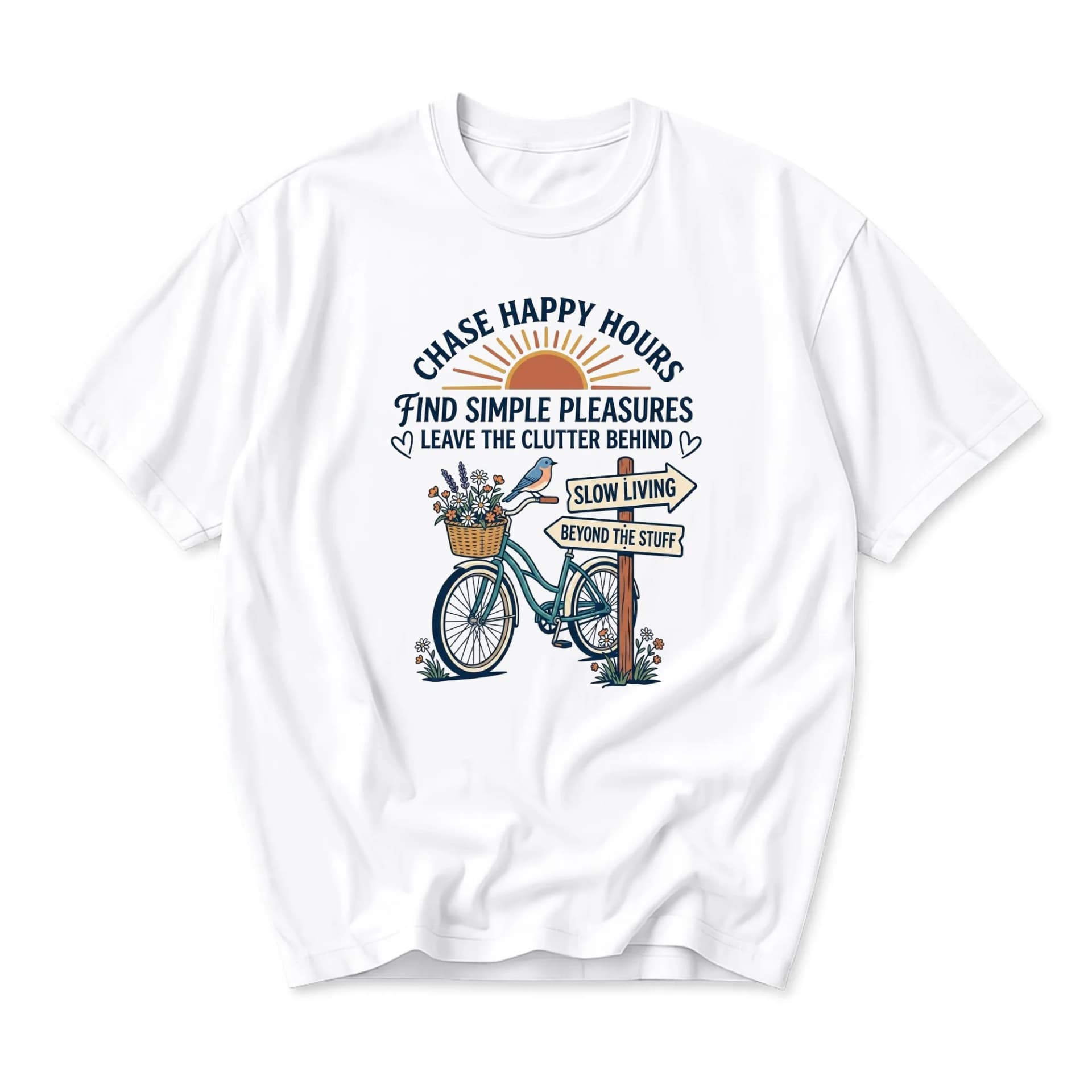 Graphic Tee Unisex Crew Neck T-Shirt Featuring Slow Living Bicycle Illustration for Casual Everyday Comfort Style