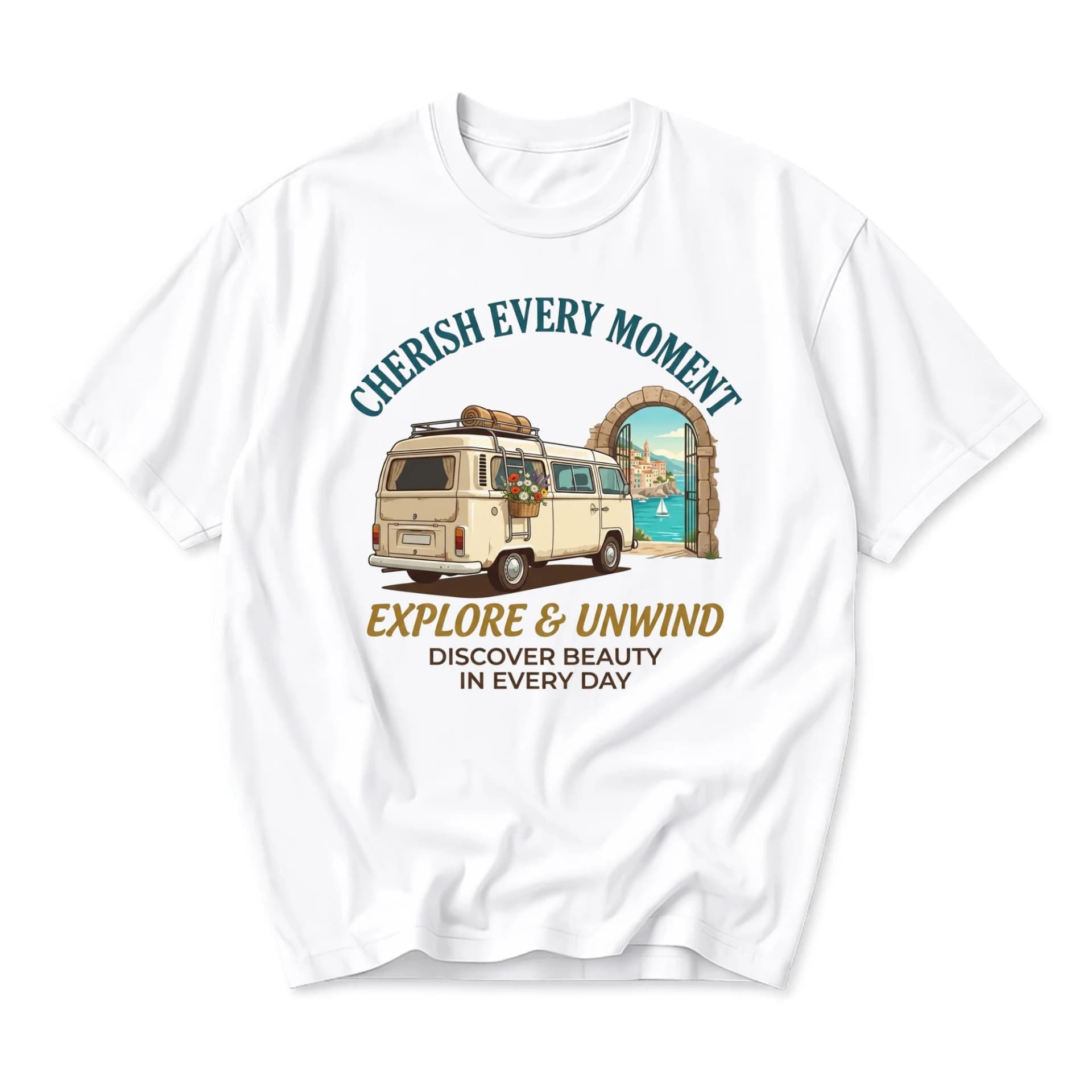 Graphic Tee Cherish Every Moment Vintage Travel Van Unisex T-Shirt Relaxed Fit Crew Neck Casual Vacation Apparel