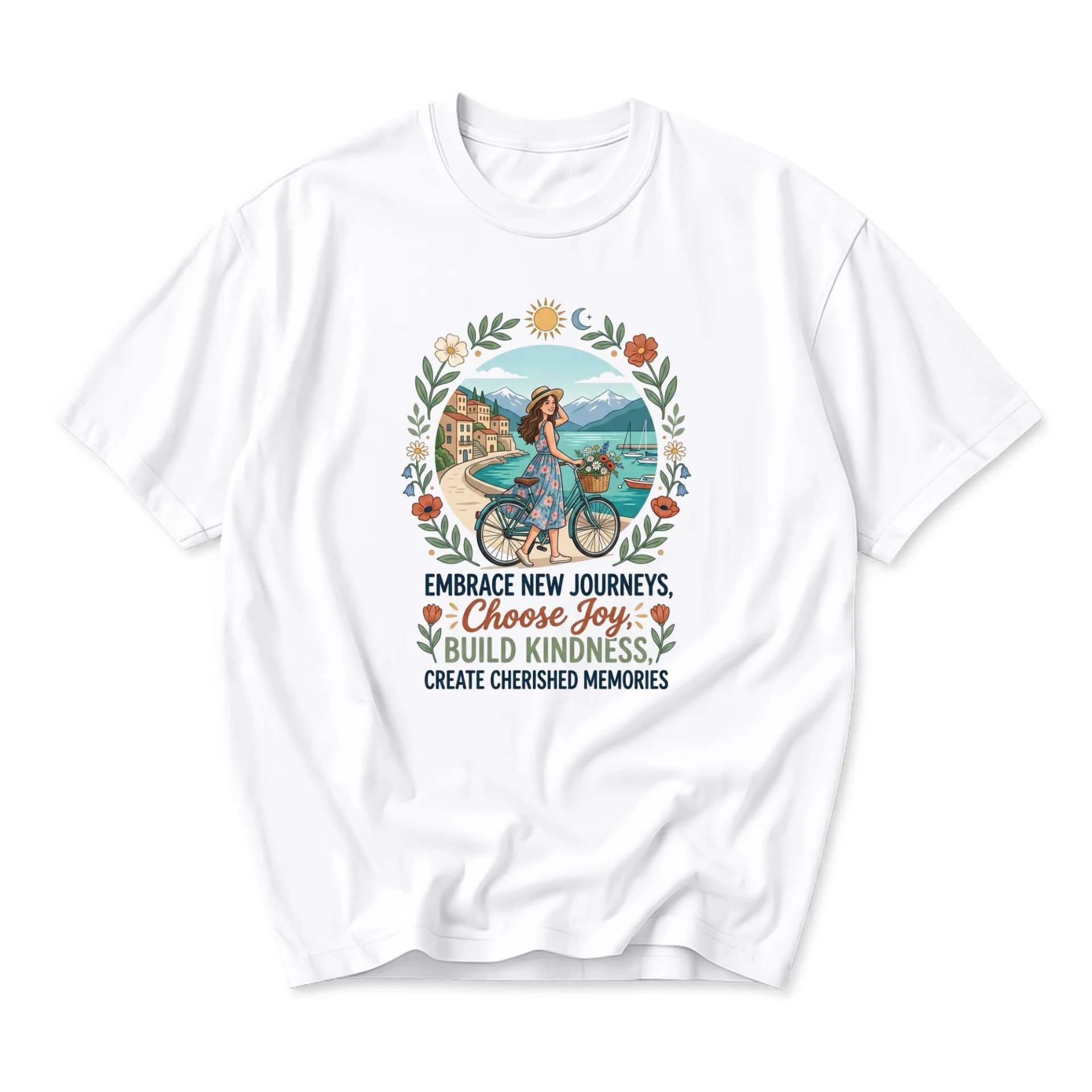 Graphic Tee Unisex Crew Neck T-Shirt Featuring Inspirational Nature Illustration and Floral Wreath Aesthetic Design