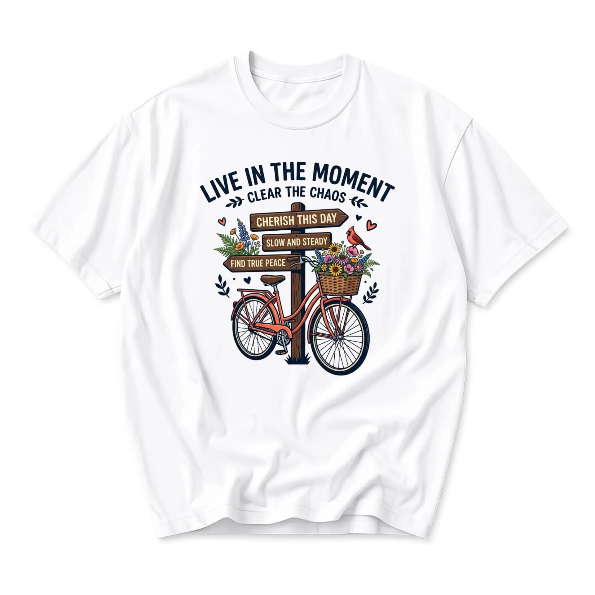 Graphic Tee Live in the Moment Floral Bicycle Print Unisex Crew Neck Shirt for Casual Everyday Wear and Self Expression