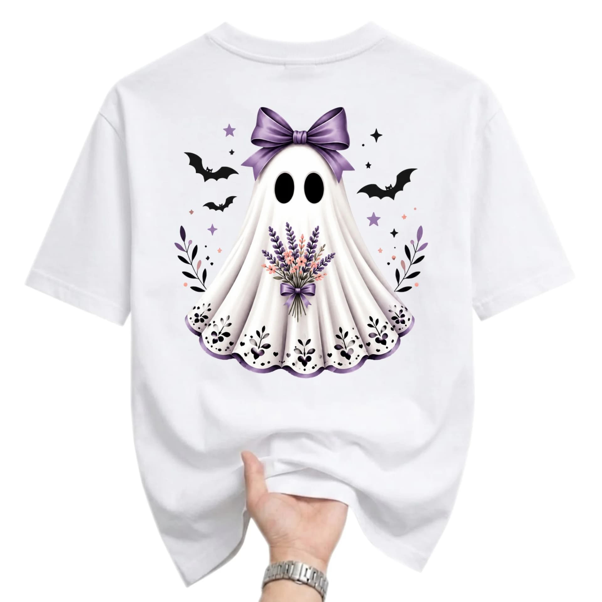 Graphic Tee Cute Ghost with Lavender Bouquet and Purple Bow Print Unisex Crew Neck Casual Everyday Short Sleeve Shirt