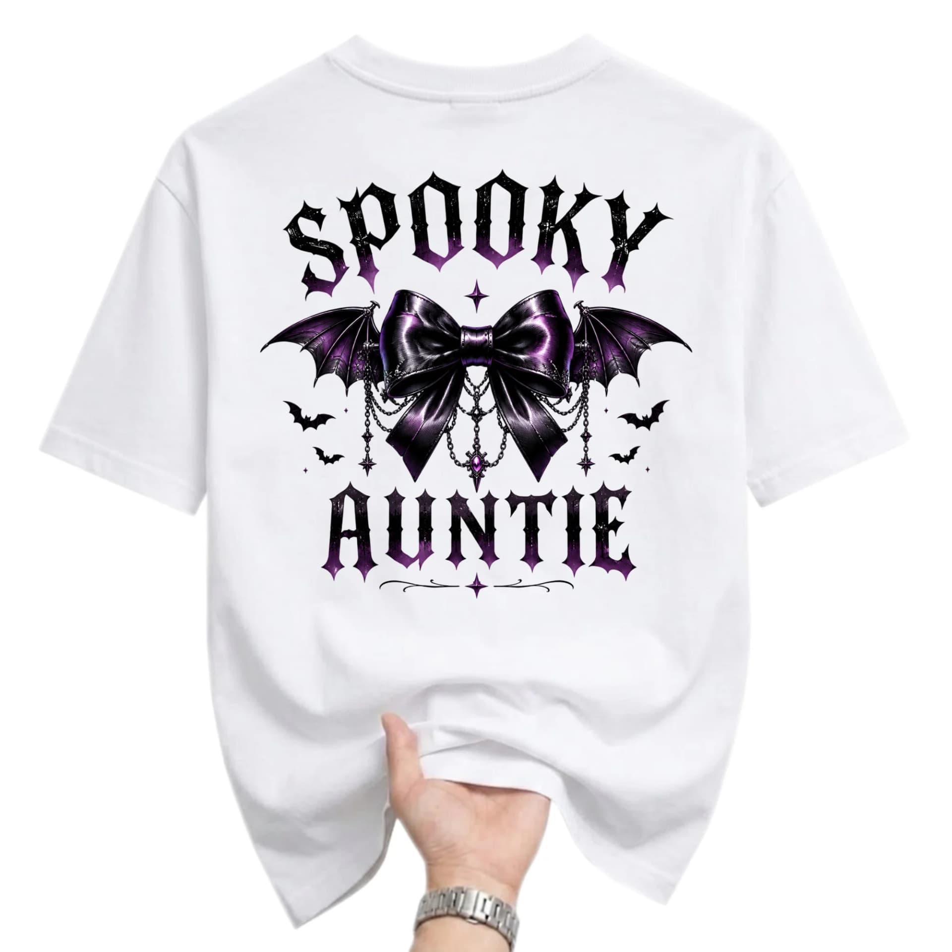 Funny Shirt Spooky Auntie Graphic Tee Gothic Bat Bow Design Unisex Crew Neck Soft Cotton Casual Apparel White