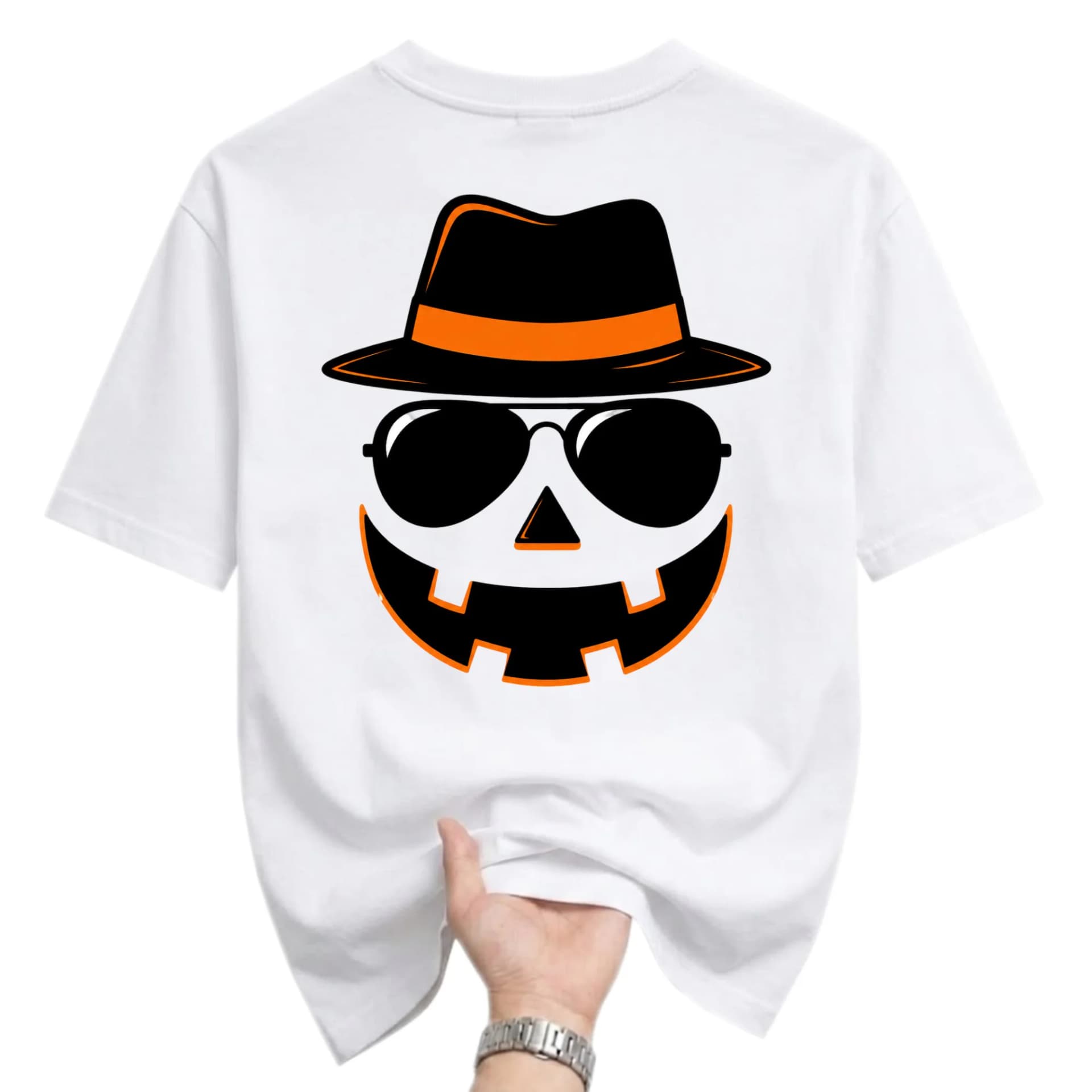 Graphic Tee Unisex Cool Pumpkin Jack O Lantern Wearing Sunglasses and Fedora Hat Print Casual Short Sleeve Crewneck Shirt