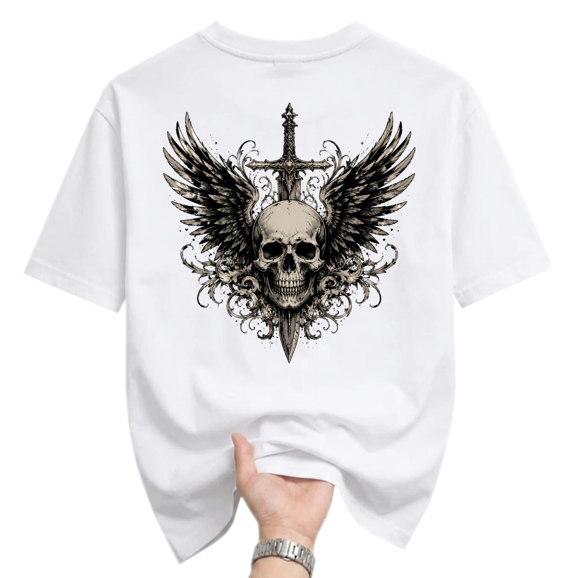 Graphic Tee Skull with Wings and Sword Illustration Print Casual Unisex Short Sleeve Crew Neck Cotton T-Shirt