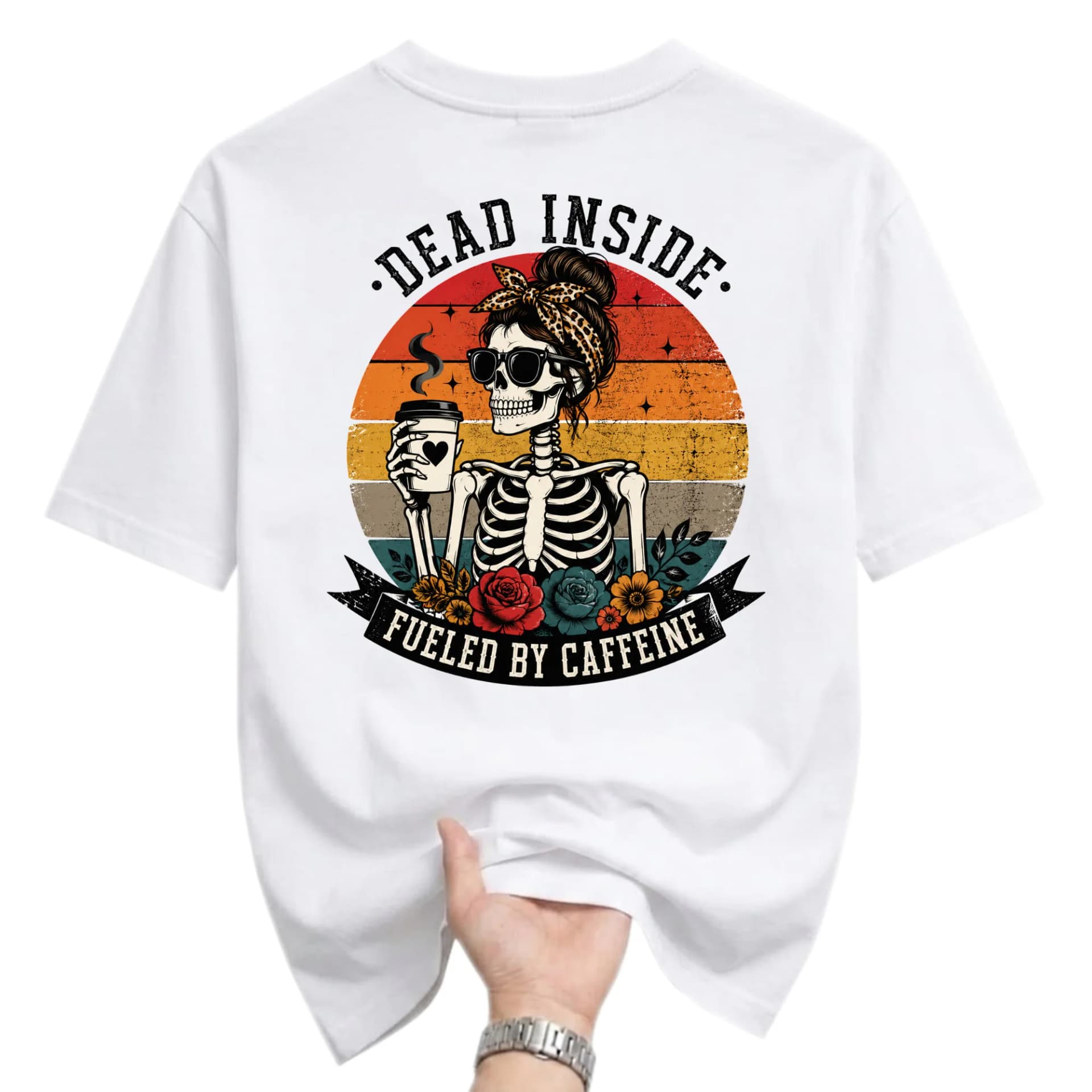Funny Shirt Dead Inside Fueled by Caffeine Skeleton Graphic Tee Vintage Sunset Style Unisex Casual Crew Neck Top