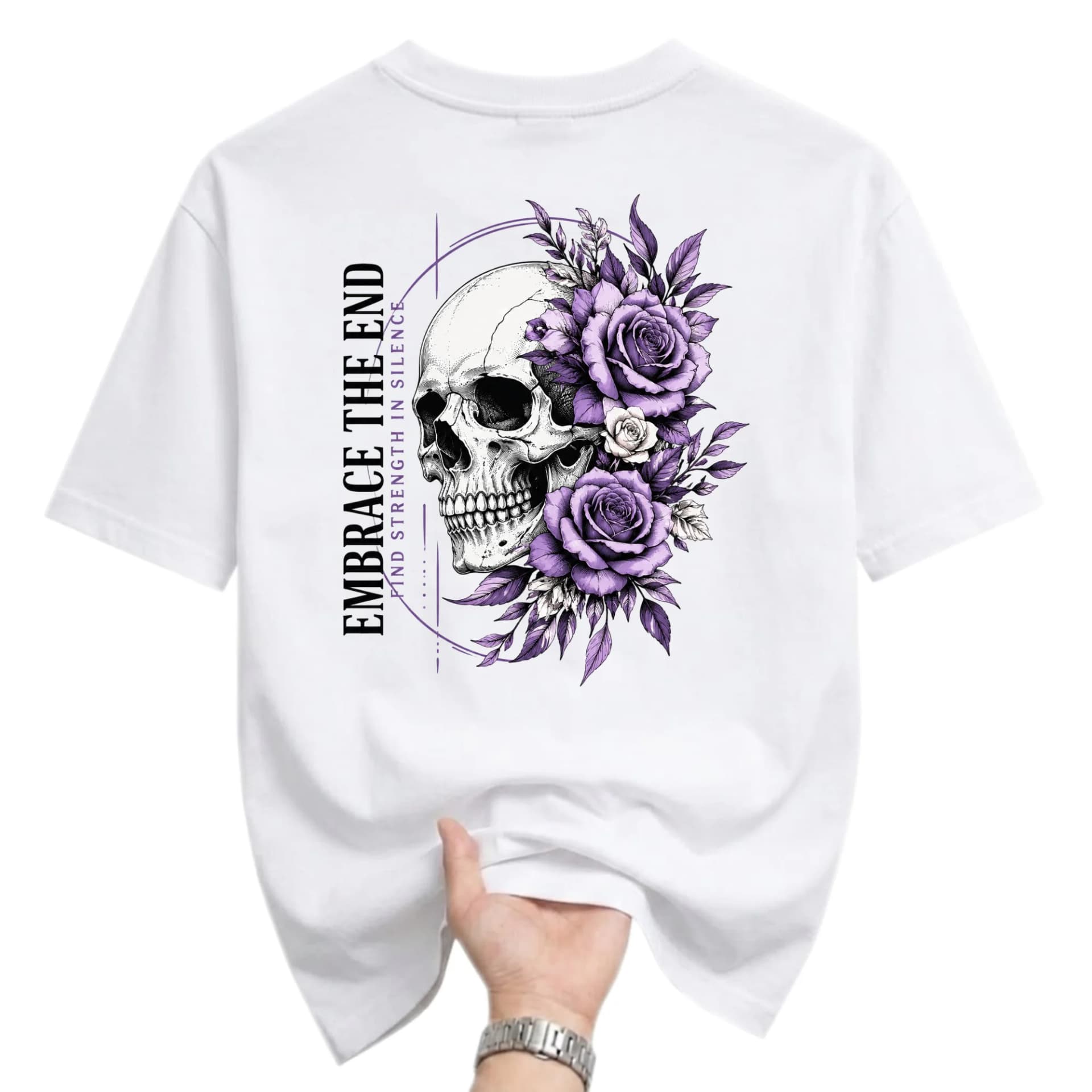 Graphic Tee Skull and Purple Roses Embrace the End Artistic Unisex Cotton Blend Crew Neck Short Sleeve Shirt