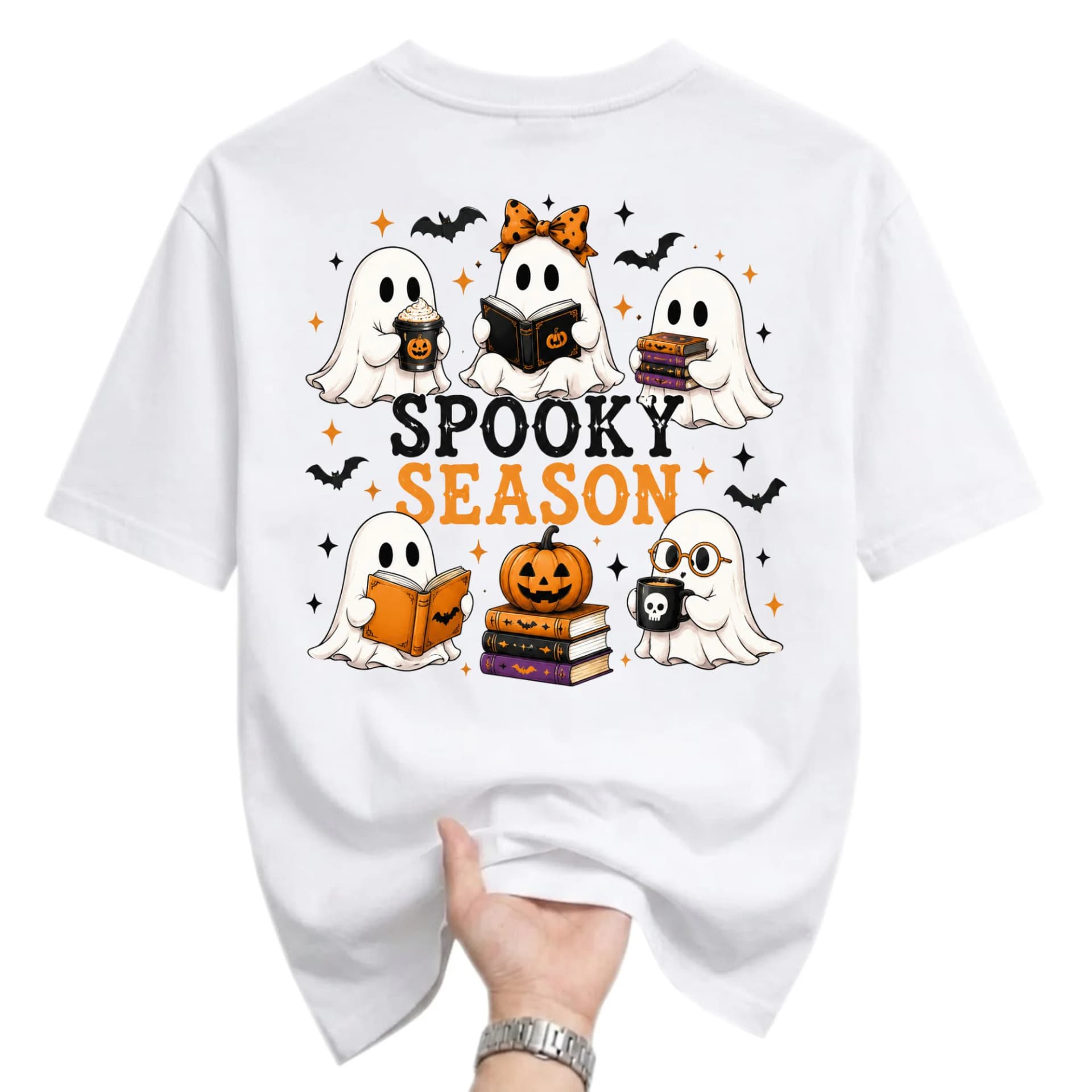 Funny Shirt Spooky Season Ghosts Graphic Tee Cute Autumn Fall Pumpkin Unisex Crew Neck Casual Cotton Blend Apparel