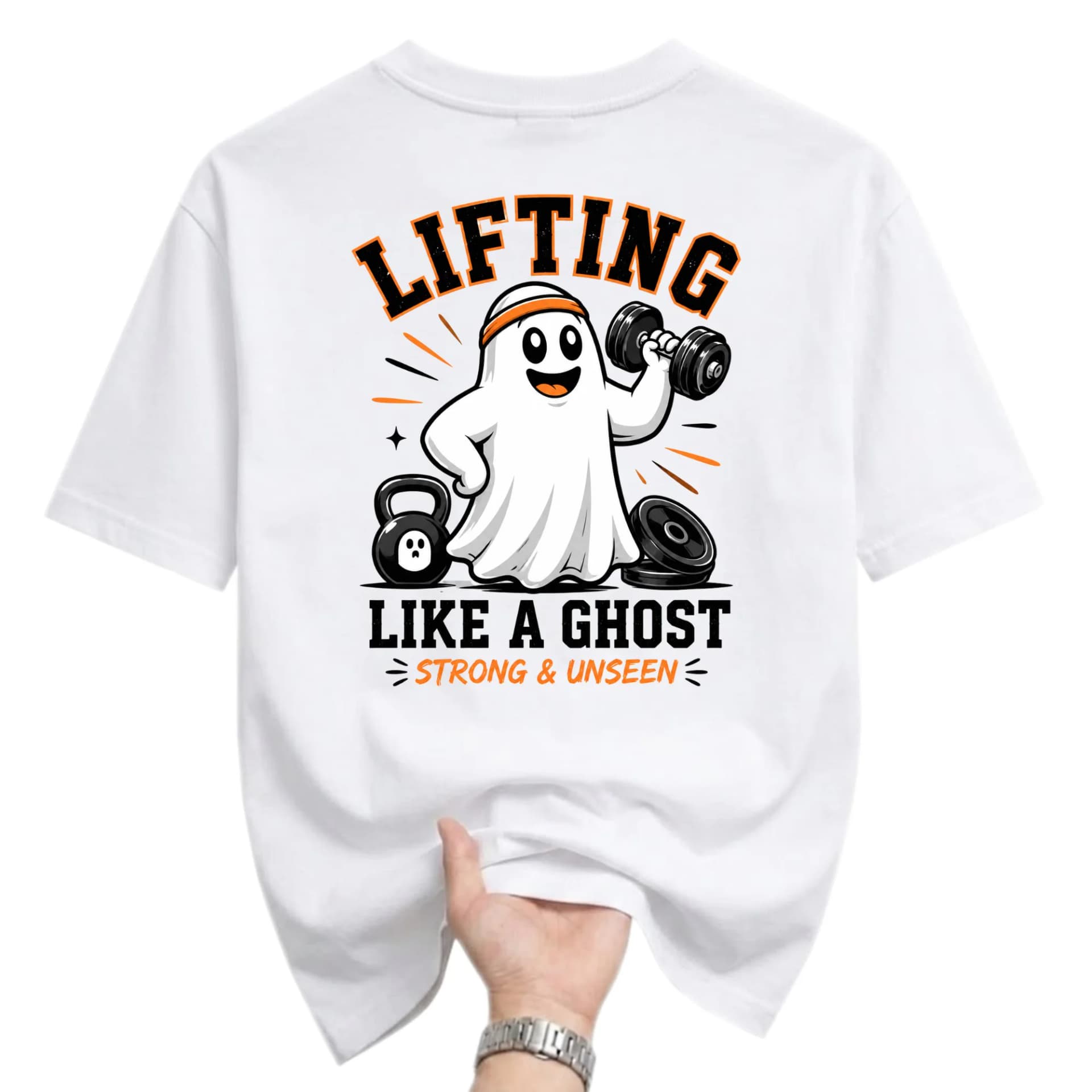 Funny Shirt Lifting Like a Ghost Graphic Tee Weightlifting Workout Fitness Unisex Casual Short Sleeve Cotton Top White