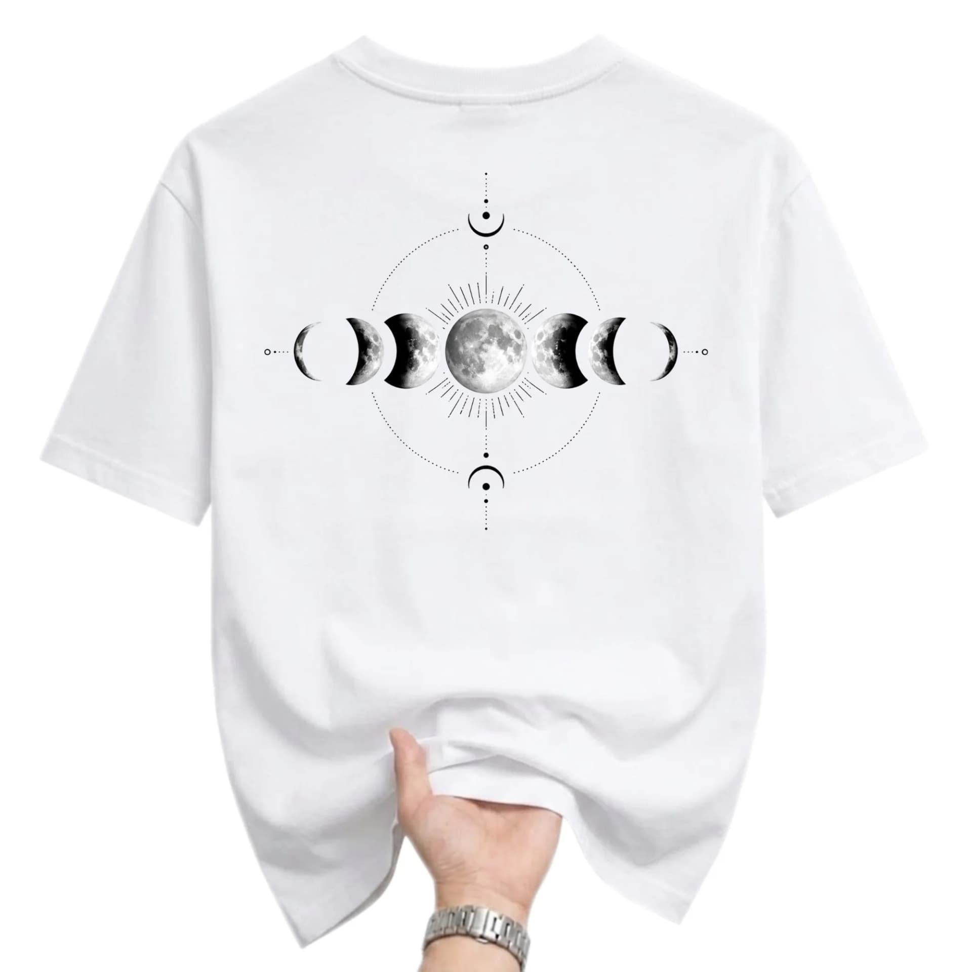 Graphic Tee Celestial Moon Phases Print Shirt Artistic Astronomy Motif Casual Cotton Blend Unisex Crew Neck Top White