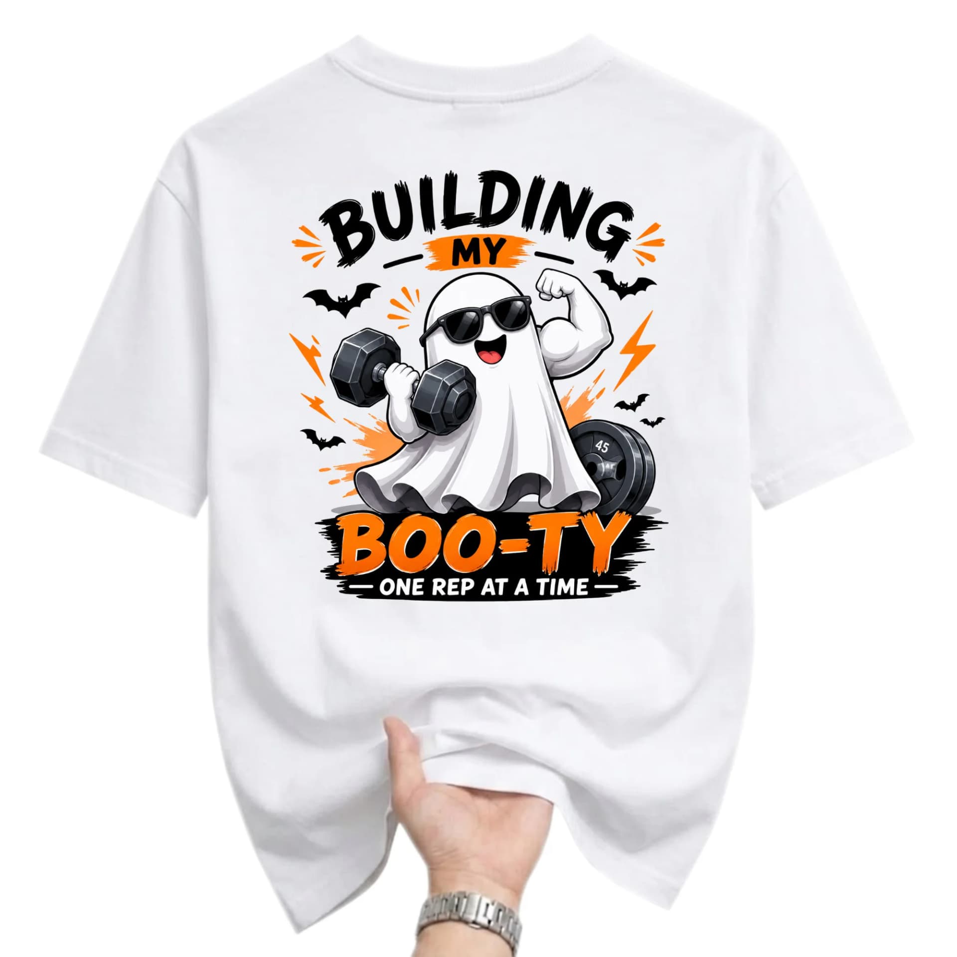 Funny Shirt Building My Boo-Ty Ghost Gym Workout Graphic Tee Unisex Casual Crew Neck Halloween Fitness Cotton T-Shirt
