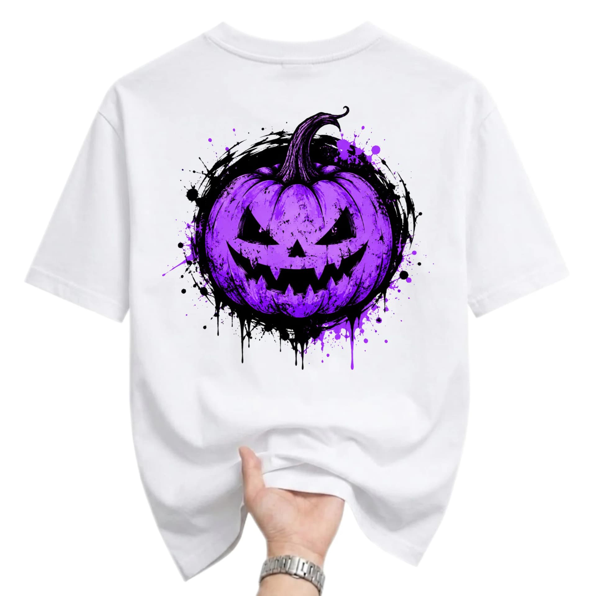 Graphic Tee Unisex Crew Neck T-Shirt Featuring a Vibrant Purple Spooky Pumpkin Jack O Lantern Halloween Design