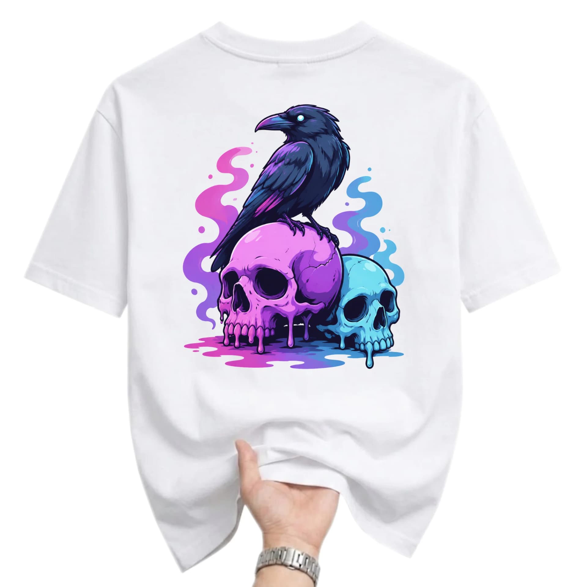 Graphic Tee Raven Perched on Dripping Skulls Art Print Unisex Short Sleeve Crew Neck Cotton Casual Summer Shirt