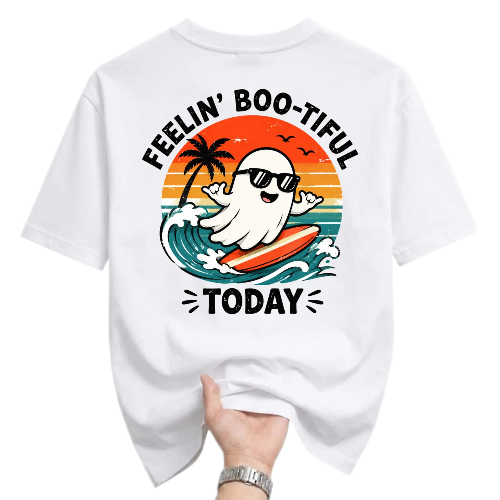Funny Shirt Feelin Boo-Tiful Today Surfing Ghost Graphic Tee Casual Unisex Crew Neck Cotton Blend Top Summer Apparel