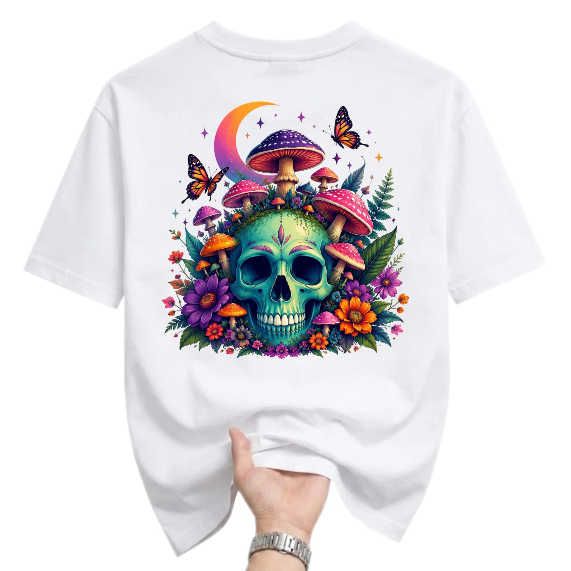 Graphic Tee Unisex Short Sleeve Shirt Featuring Colorful Skull and Mushroom Nature Illustration for Casual Wear