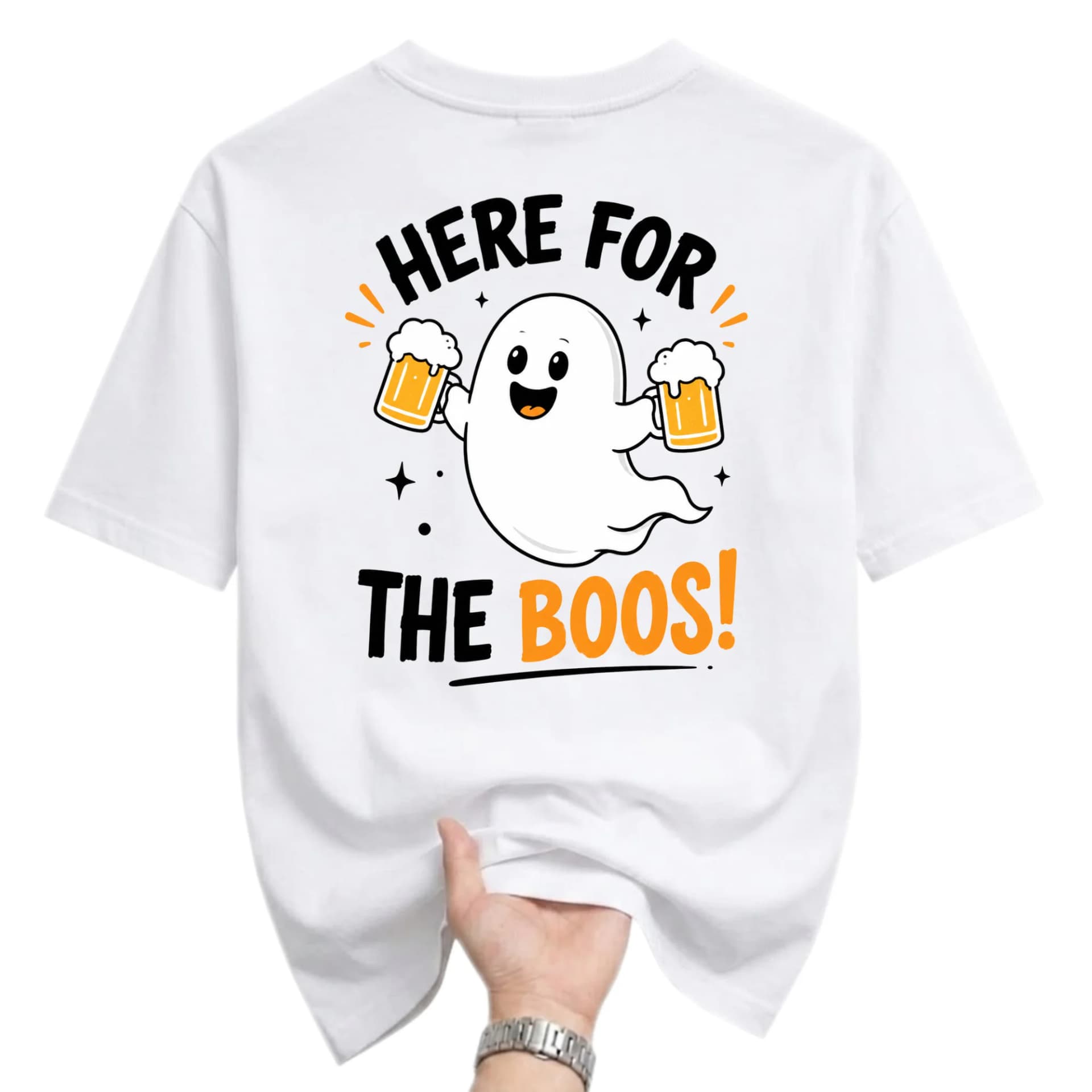 Funny Shirt Here for the Boos Ghost Graphic Tee Unisex Casual Crew Neck Apparel for Parties and Everyday Wear White