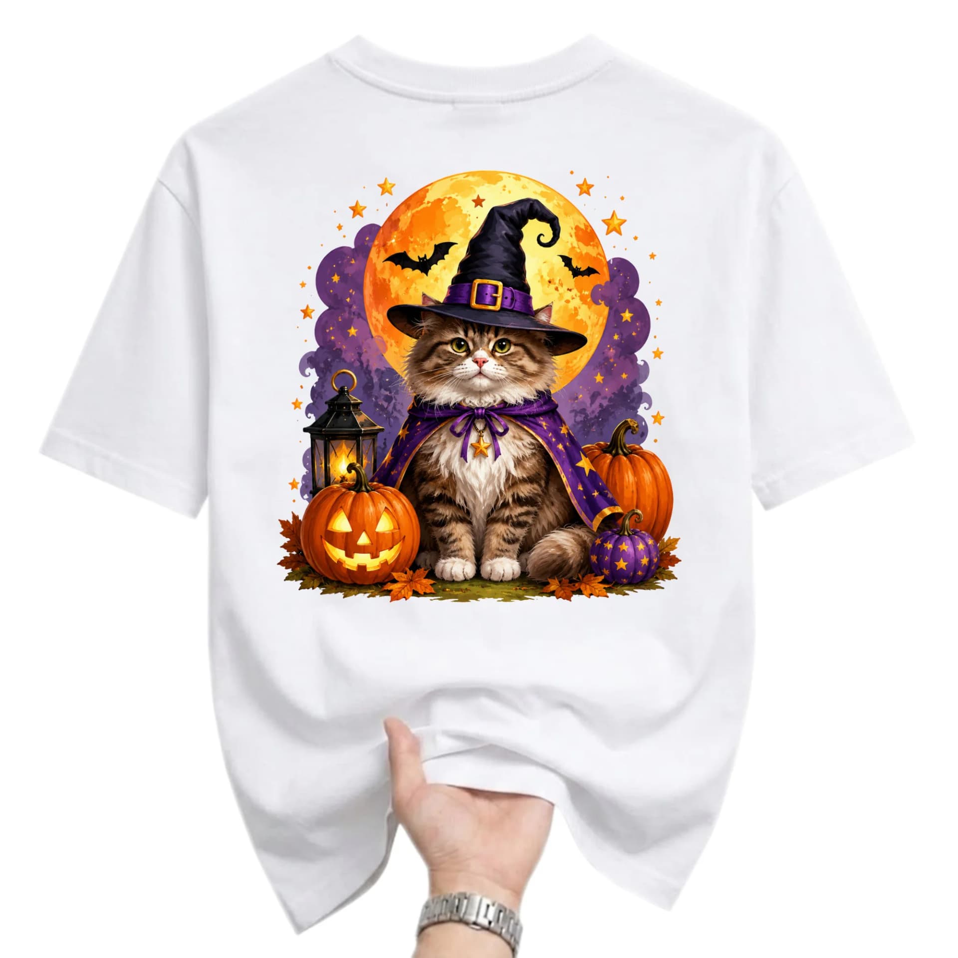 Graphic Tee Unisex Crew Neck T-Shirt Featuring a Witch Cat in a Halloween Moonlit Scene for Casual Everyday Outfits