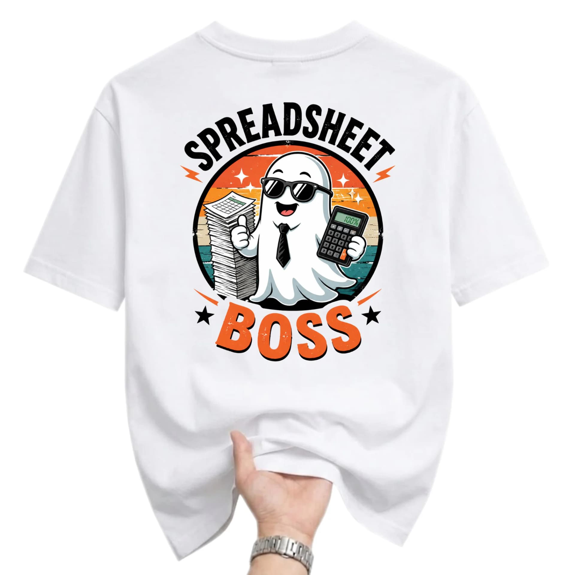 Funny Shirt Spreadsheet Boss Ghost Graphic Tee Casual Unisex Crew Neck Top for Accountants and Data Enthusiasts