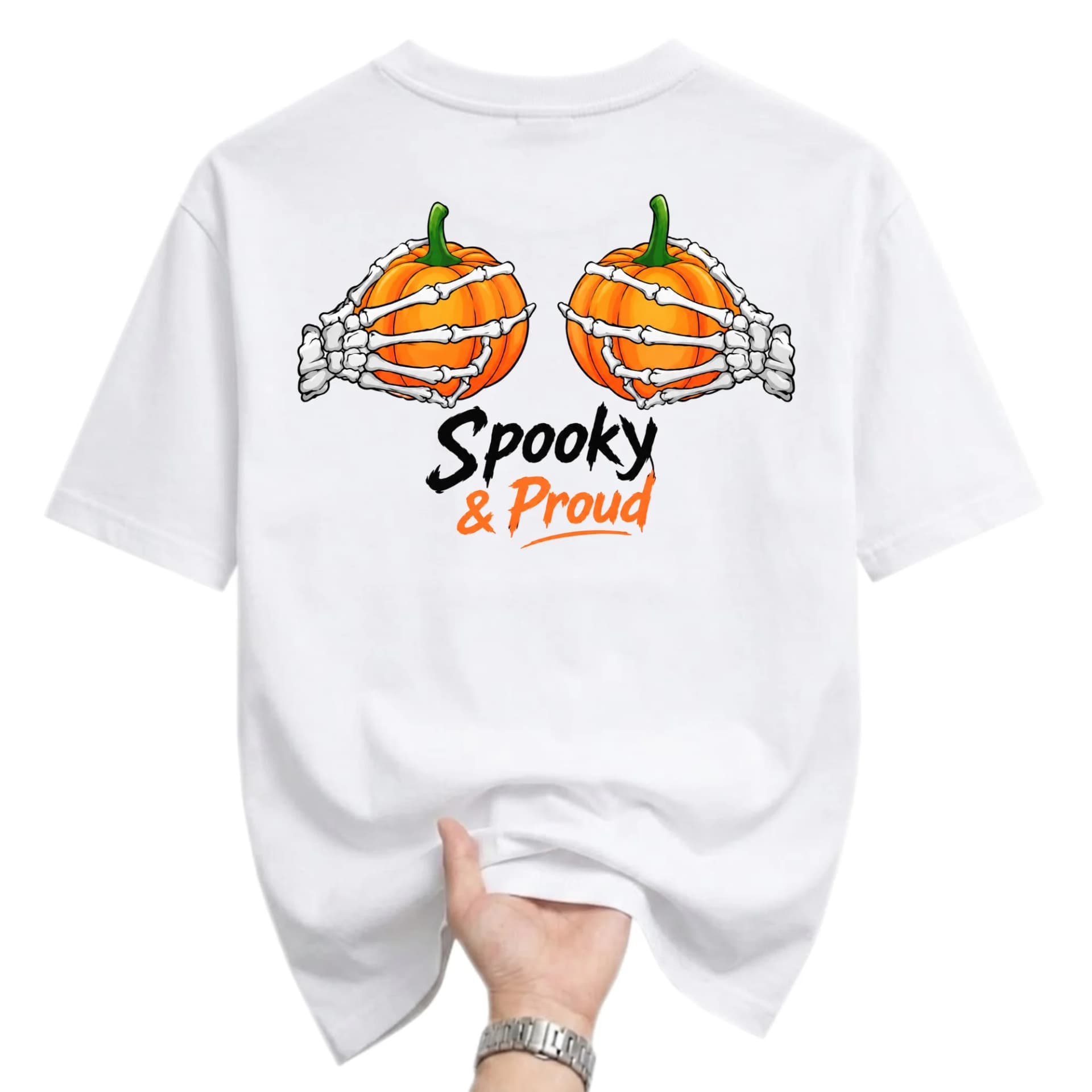 Funny Shirt Spooky and Proud Skeleton Hands Holding Pumpkins Graphic Tee Unisex Crew Neck Casual Cotton Top