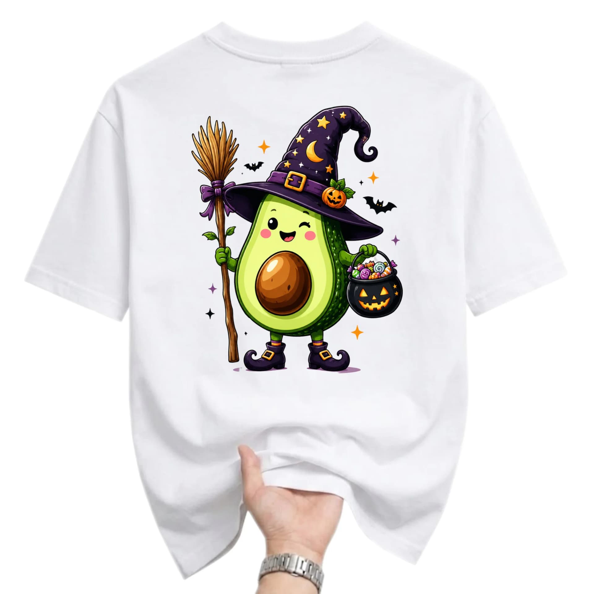Funny Shirt Avocado Witch Halloween Costume Graphic Tee Casual Unisex Crew Neck Short Sleeve Soft Cotton Apparel