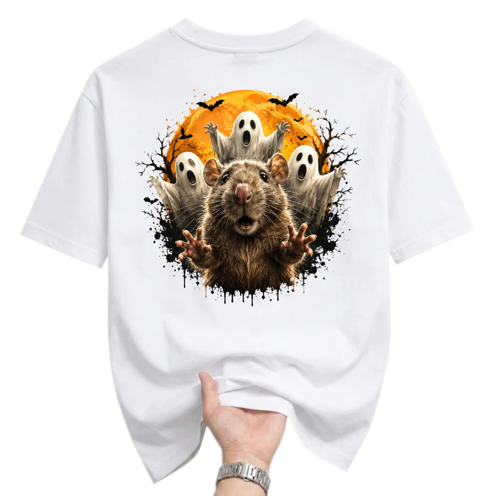 Graphic Tee Unisex Crew Neck T-Shirt Featuring Spooky Rat Surrounded by Ghosts and Full Moon Halloween Design