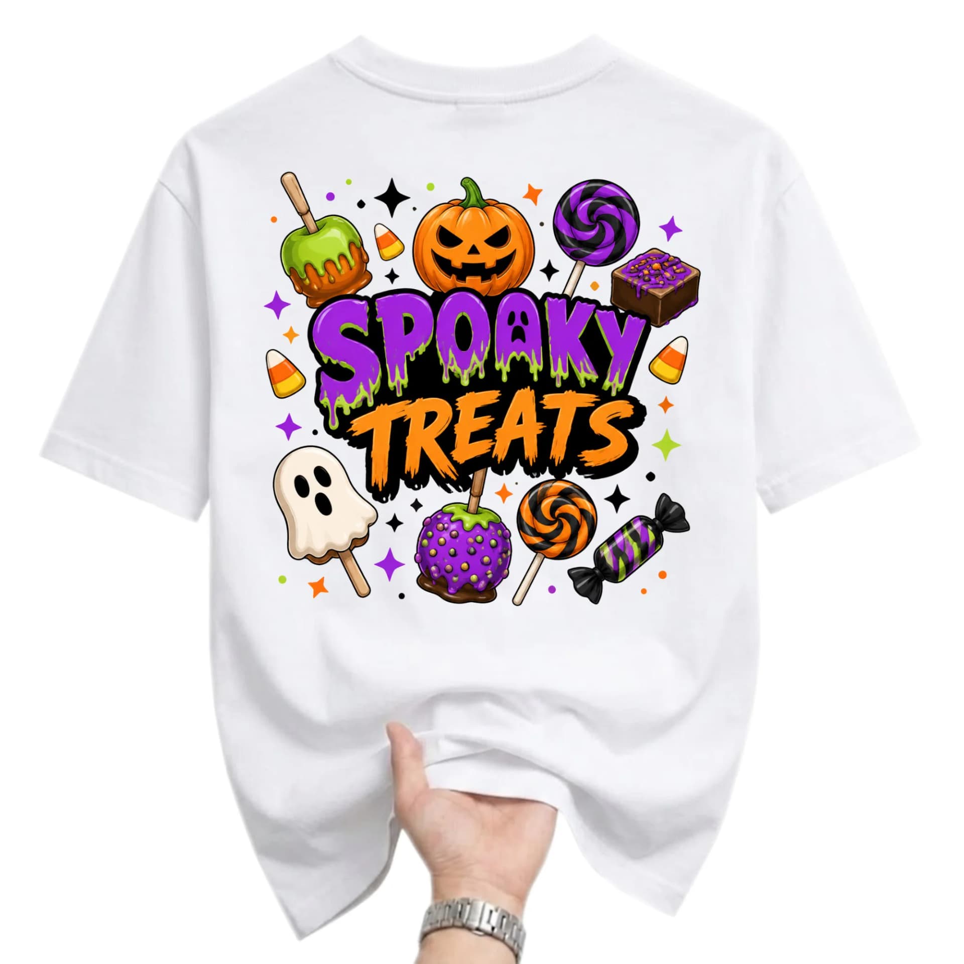 Graphic Tee Spooky Treats Halloween Candy Illustration Unisex Crew Neck Short Sleeve Casual Cotton Blend Shirt