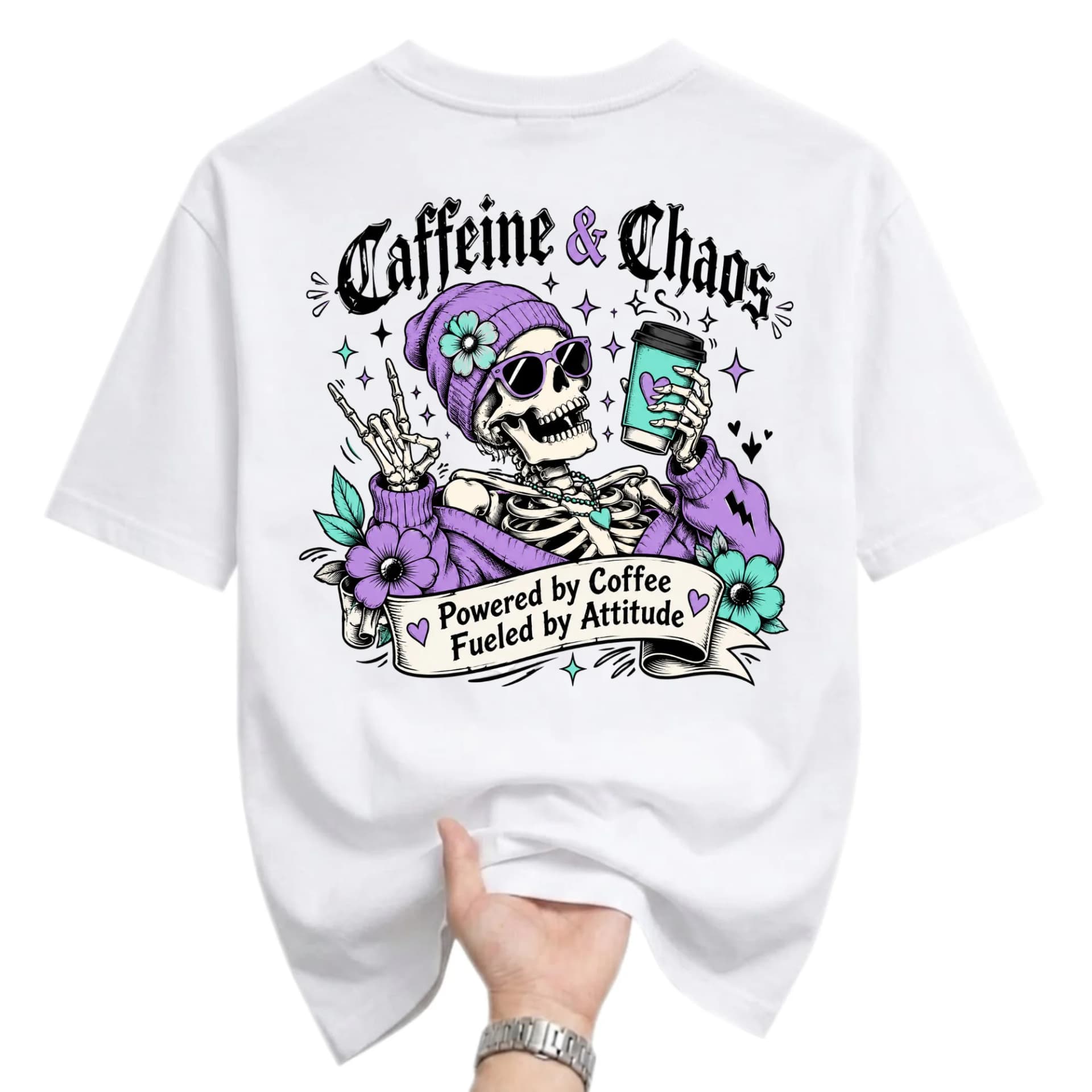 Funny Shirt Caffeine and Chaos Graphic Tee Unisex Crew Neck Skull Coffee Lover Casual Everyday Print Top
