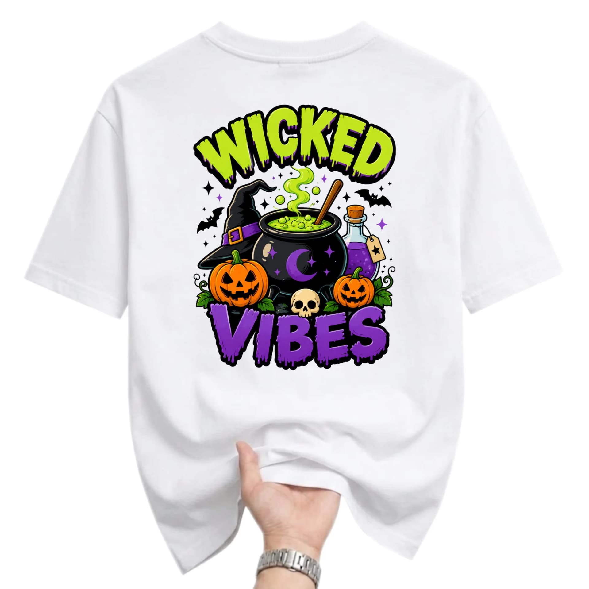 Graphic Tee Wicked Vibes Halloween Witch Cauldron Pumpkin Unisex Crew Neck Short Sleeve Soft Casual Cotton T-Shirt