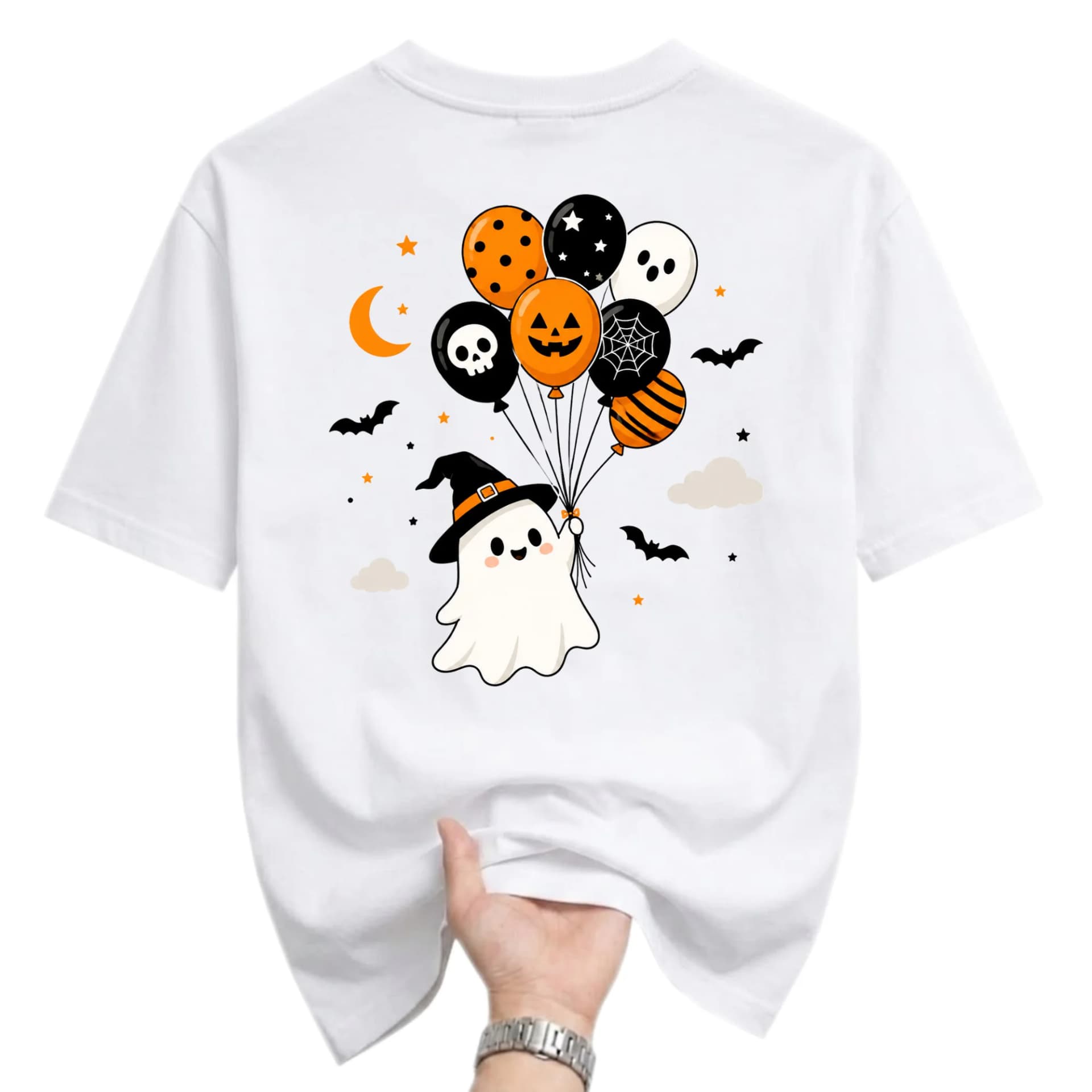 Graphic Tee Cute Ghost Wearing Witch Hat Holding Halloween Balloons Spooky Seasonal Holiday Unisex Cotton Shirt