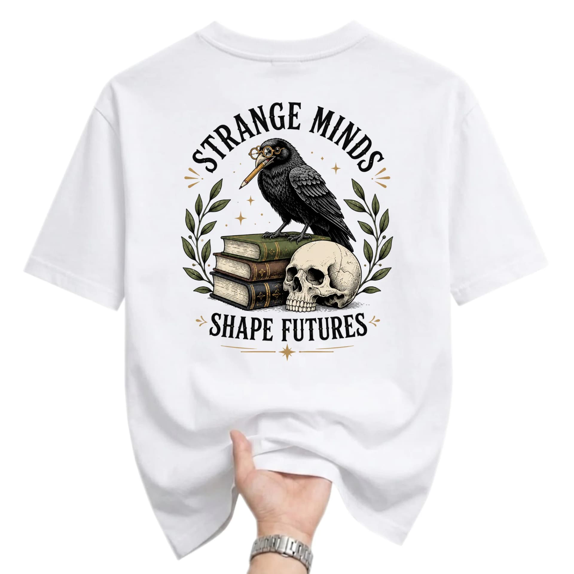 Graphic Tee Strange Minds Shape Futures Raven Skull Book Illustration Unisex Crew Neck Casual Cotton Short Sleeve Shirt