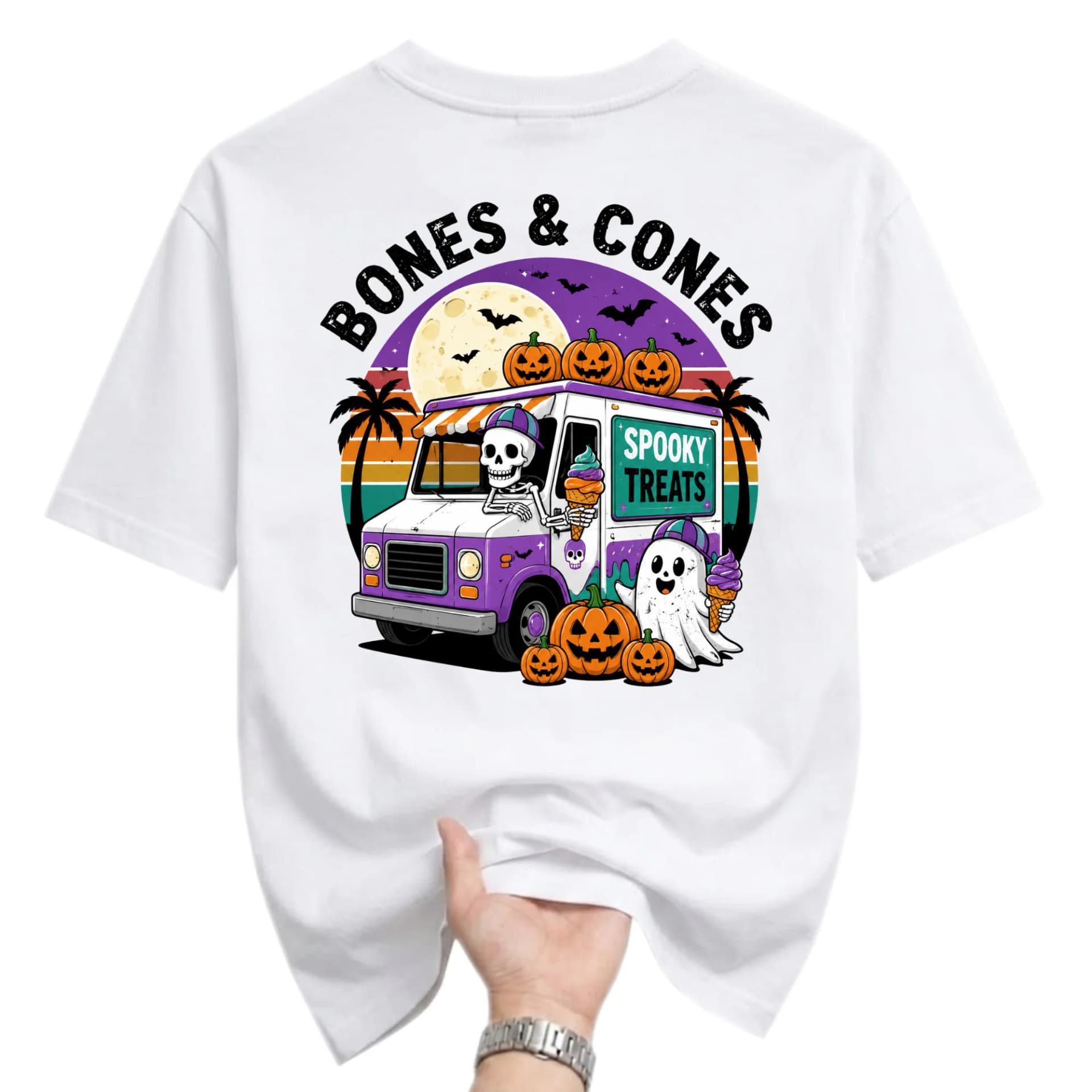 Graphic Tee Bones and Cones Halloween Ice Cream Truck Unisex Crew Neck T-Shirt Soft Cotton Everyday Casual Shirt