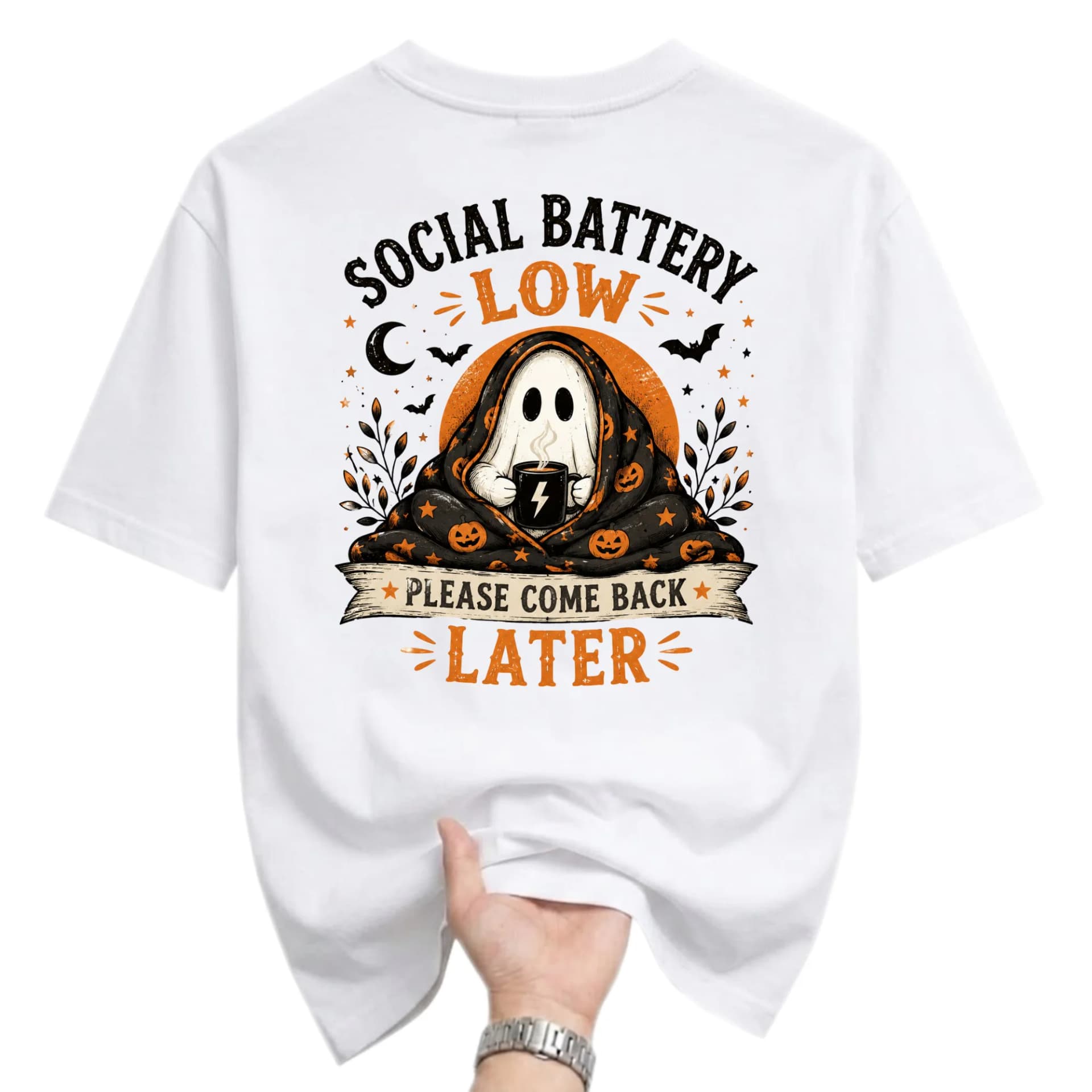 Funny Shirt Social Battery Low Ghost Graphic Tee Cute Halloween Unisex Casual Crew Neck Comfortable Cotton Blend Top