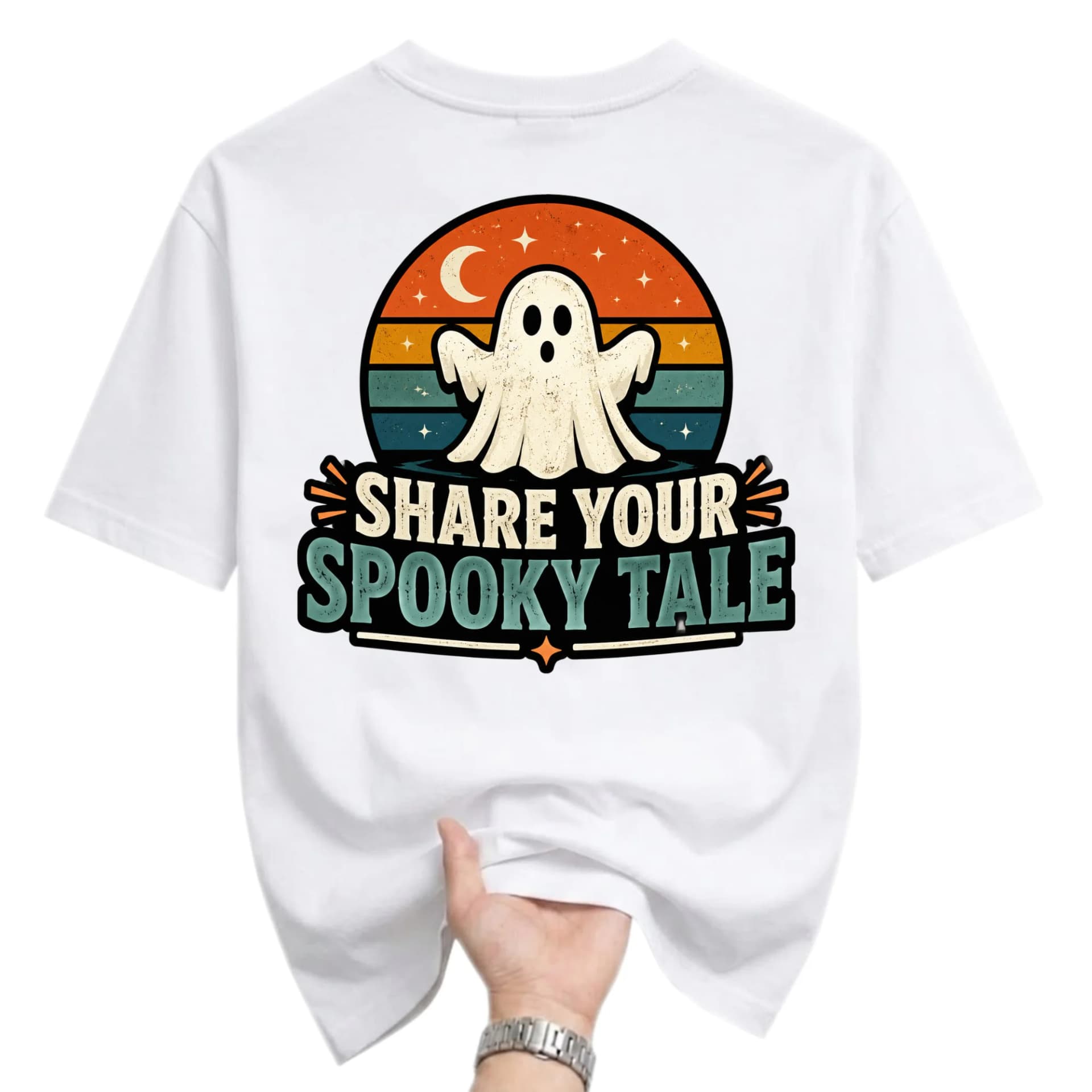 Graphic Tee Share Your Spooky Tale Ghost Shirt Vintage Retro Aesthetic Design Unisex Crew Neck Casual Cotton Top
