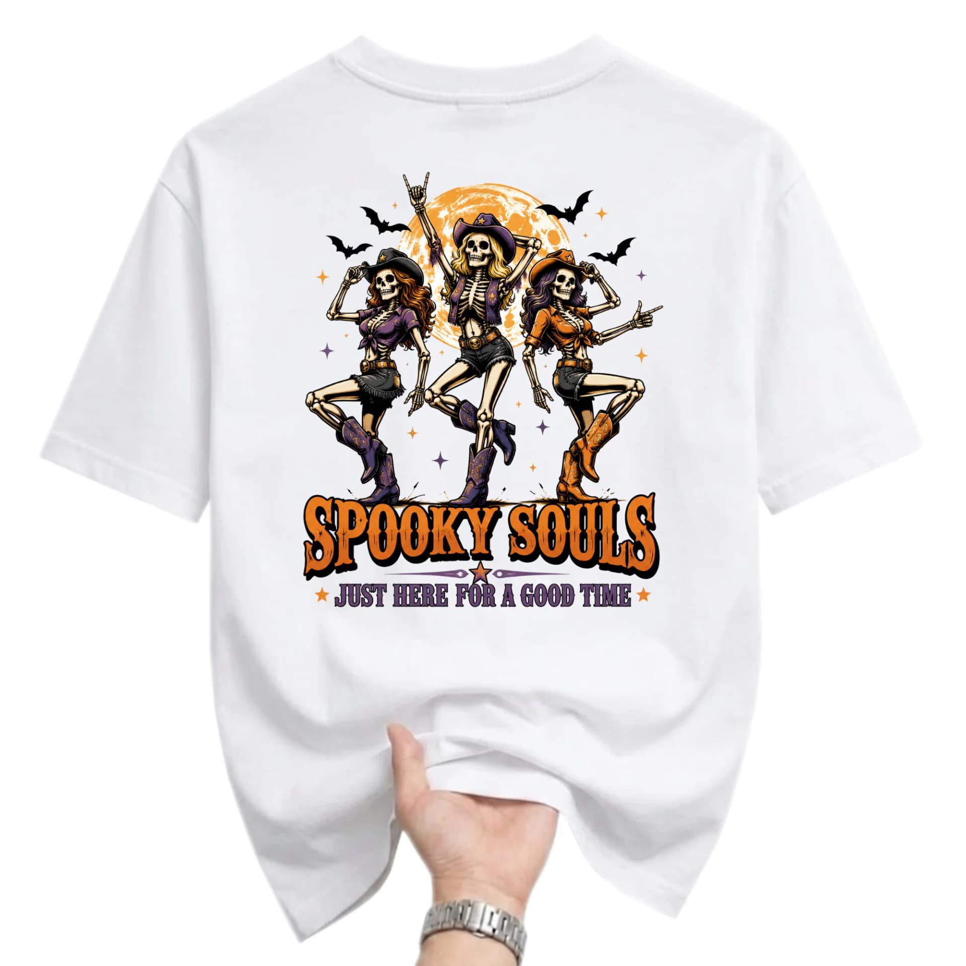 Graphic Tee Spooky Souls Cowgirl Skeleton Print Unisex Casual Crew Neck T-Shirt for Everyday Wear and Holiday Style
