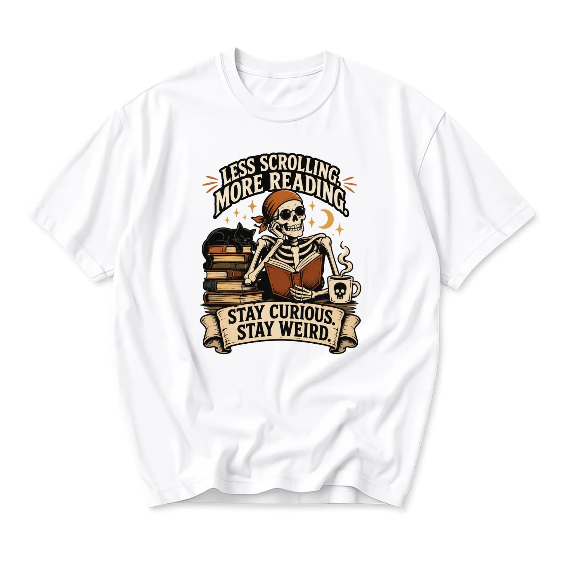Graphic Tee Unisex Crew Neck T-Shirt Less Scrolling More Reading Skeleton Book Lover Gift Apparel for Everyday Wear
