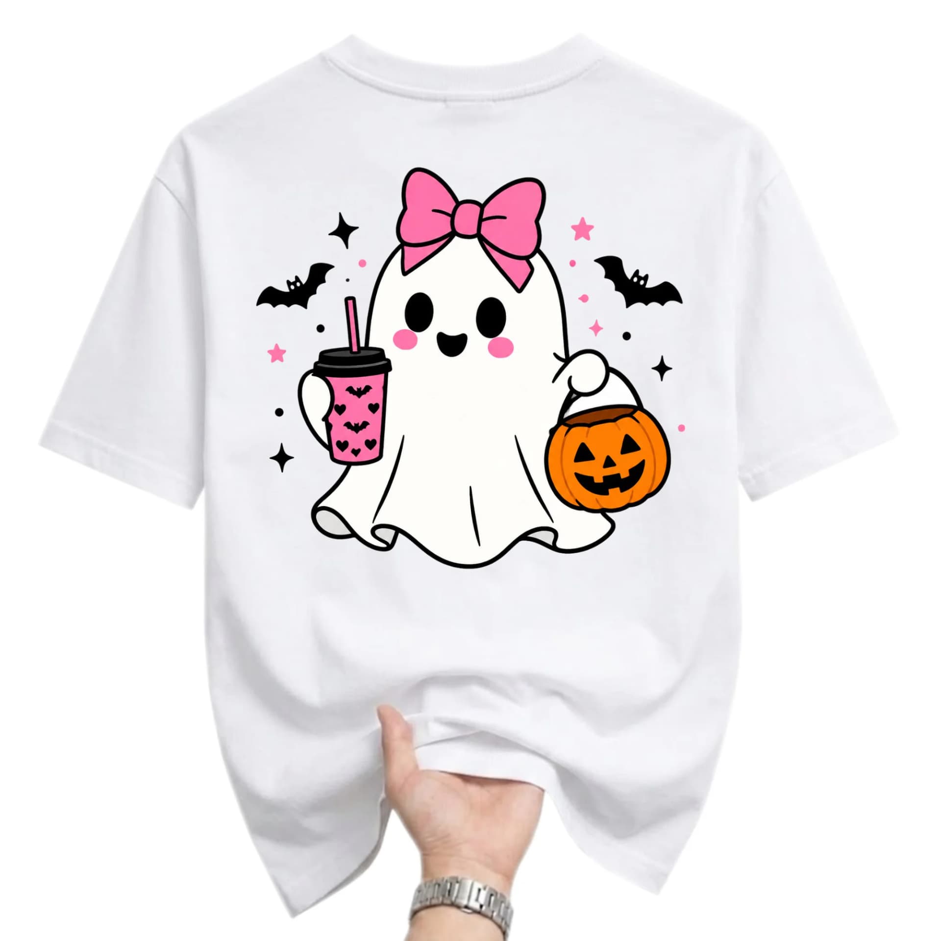 Funny Shirt Cute Ghost Holding Pumpkin and Coffee Cup Graphic Tee Unisex Casual Crew Neck Holiday Costume Apparel