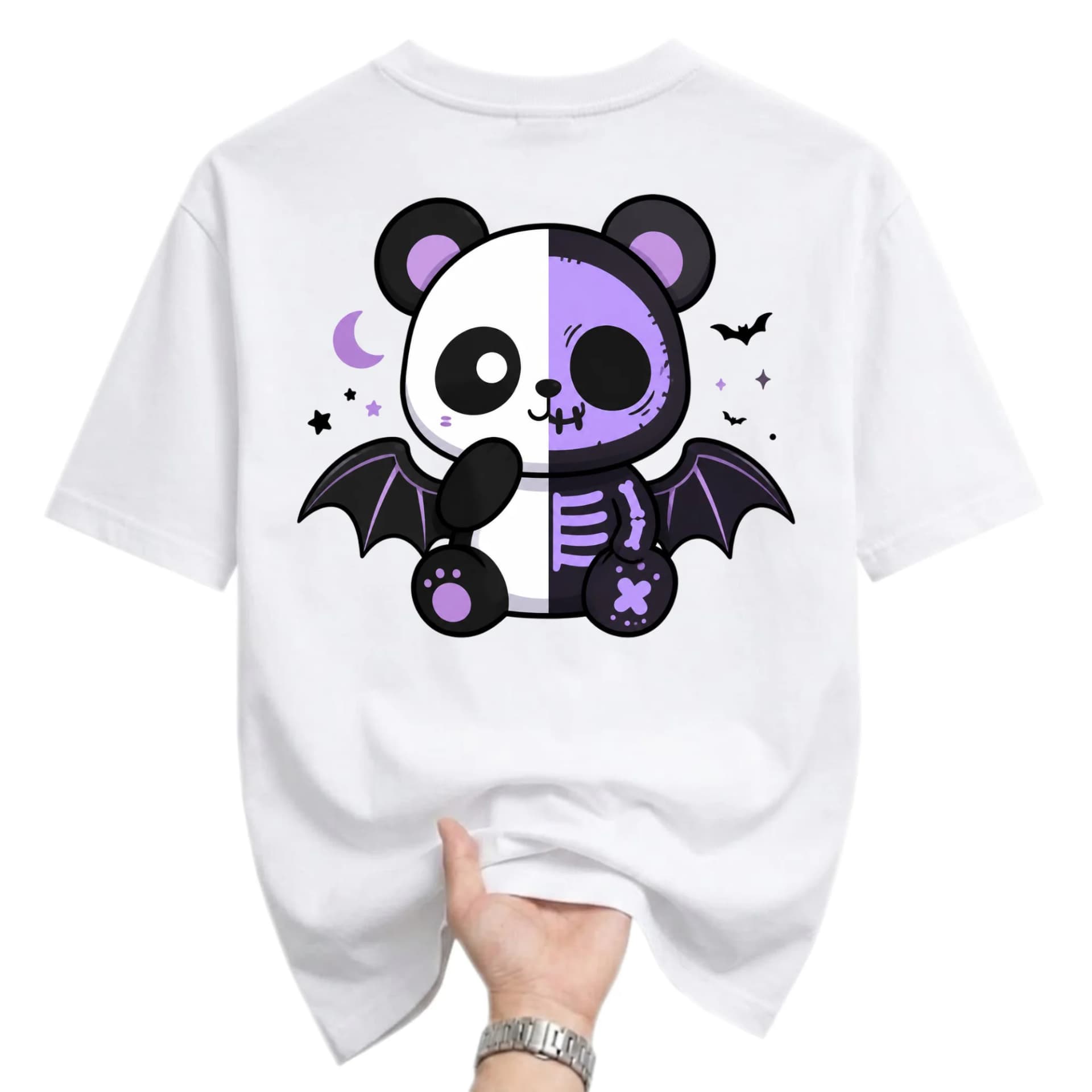 Graphic Tee Unisex Crew Neck T-Shirt Featuring Cute Half Panda Skeleton Bat Illustration Casual Apparel Top