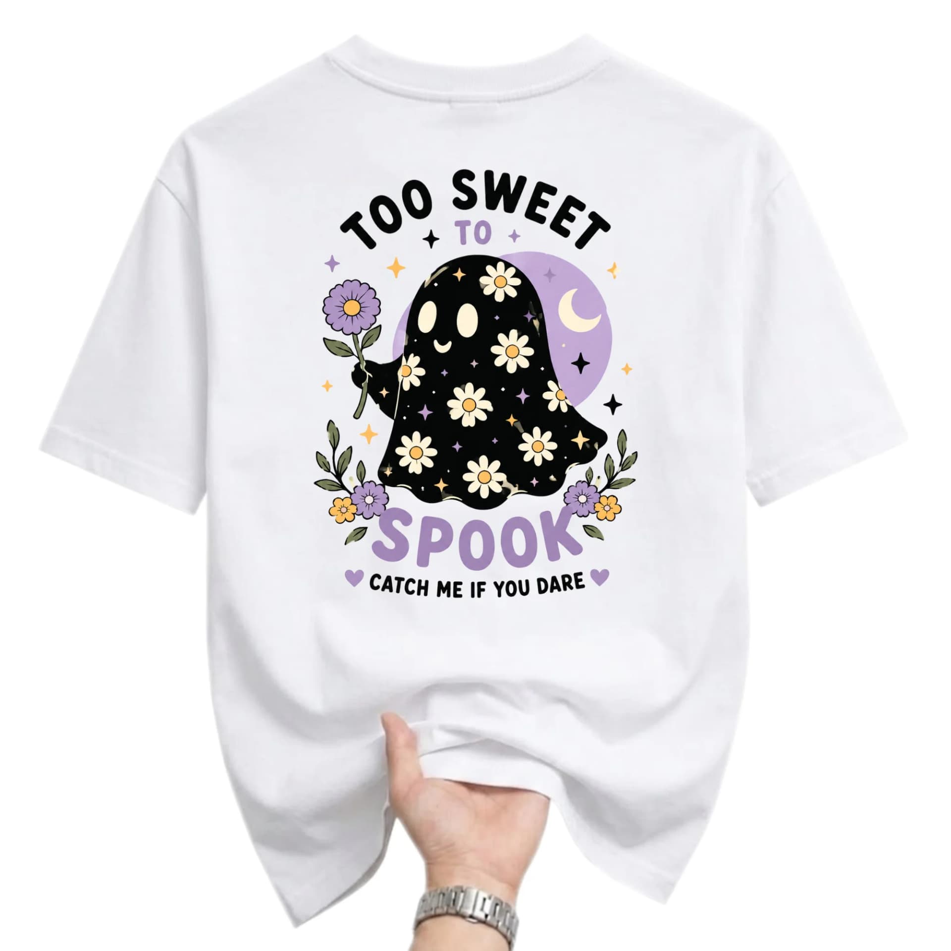 Graphic Tee Too Sweet to Spook Floral Ghost Print Unisex Crew Neck Cotton Blend Casual Short Sleeve Everyday Shirt