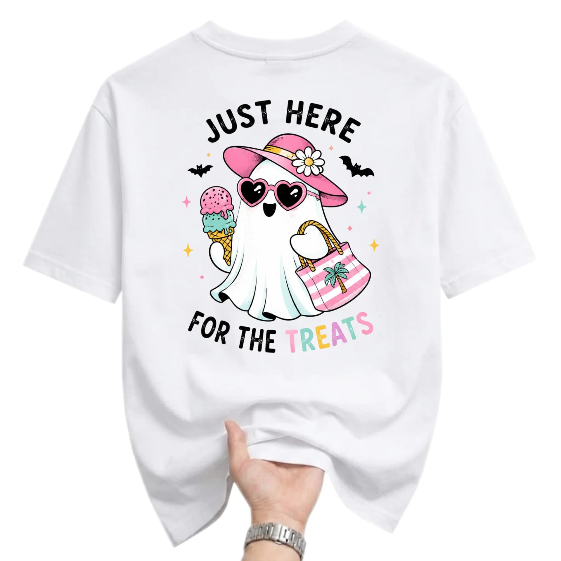 Graphic Tee Unisex Crew Neck Short Sleeve Shirt Featuring Cute Summer Ghost Illustration with Ice Cream and Sunglasses